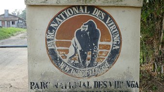 L'image montre un panneau en béton qui indique l'entrée du Parc National des Virunga. Le panneau est décoré d'un logo représentant un gorille, qui est l'un des emblèmes du parc. Les mots "PARC NATIONAL DES VIRUNGA" et "STATION DE RUMANGABO" sont inscrits en lettres claires sur la surface du panneau. En arrière-plan, on peut apercevoir des bâtiments et une route qui semble mener vers la nature environnante. L'ensemble de la scène évoque une atmosphère d'aventure et de préservation de la faune.