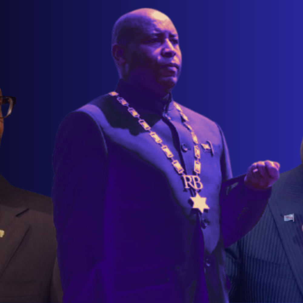 The image features three prominent figures, each presented against a gradient background. On the left, there is a man with glasses and a serious expression. In the center, another man is depicted wearing a chain or medal, suggesting a position of authority or honor. The third figure, on the right, appears to be gesturing thoughtfully while dressed in a formal suit. The overall composition suggests themes of leadership and diplomacy.