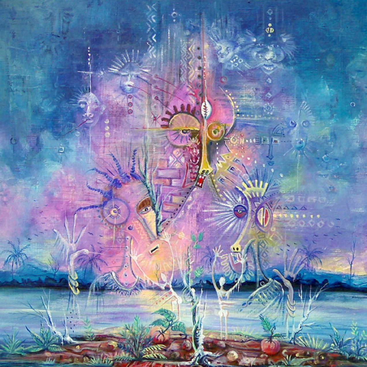 L'image représente une scène abstraite et vibrante, avec un mélange de couleurs pastel qui évoque un paysage onirique. Le fond est un dégradé de bleu et de violet, suggérant un ciel mystique. Au centre, des figures géométriques et des formes humaines stylisées émergent, semblant communiquer entre elles. La texture de la peinture est riche, et des motifs évoquant la nature, comme des racines et des plantes, se distinguent en bas de l'image. La scène dégage une atmosphère de spiritualité et d'harmonie, invitant à la contemplation et à l'interprétation personnelle.