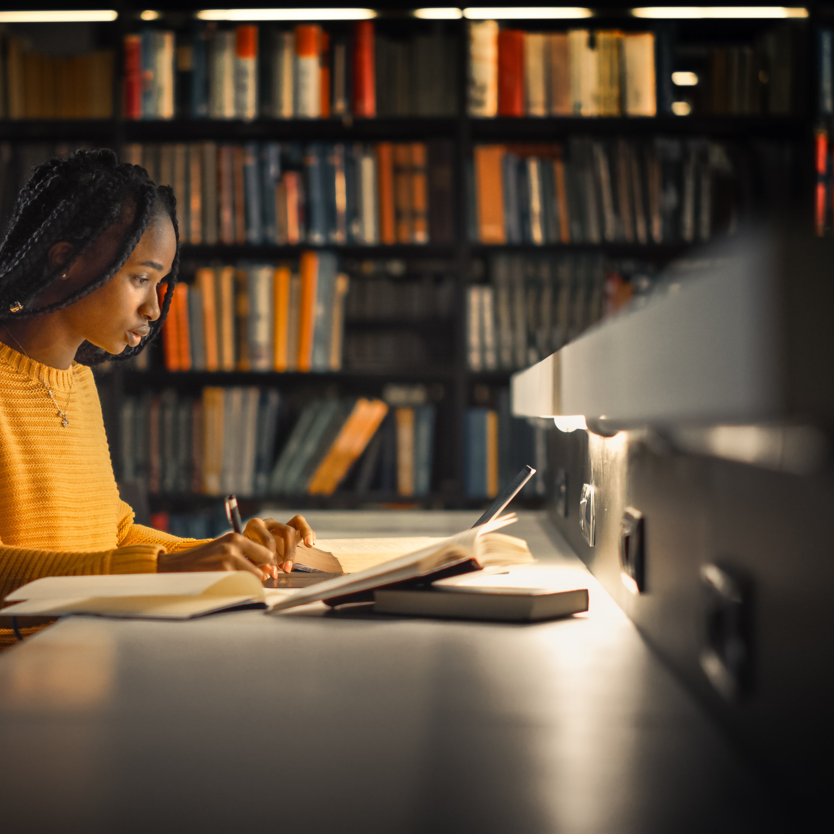 L'image montre une jeune femme assise à une table dans une bibliothèque. Elle est concentrée sur ses études, écrivant dans un cahier avec un stylo. Elle porte un pull en laine de couleur jaune. La lumière douce provenant d'une lampe de bureau éclaire son visage et son cahier. En arrière-plan, on voit des étagères remplies de livres, créant une atmosphère studieuse et calme, idéale pour la lecture et l'apprentissage. La posture de la jeune femme montre qu'elle est absorbée par son travail, avec une expression de détermination sur son visage.
