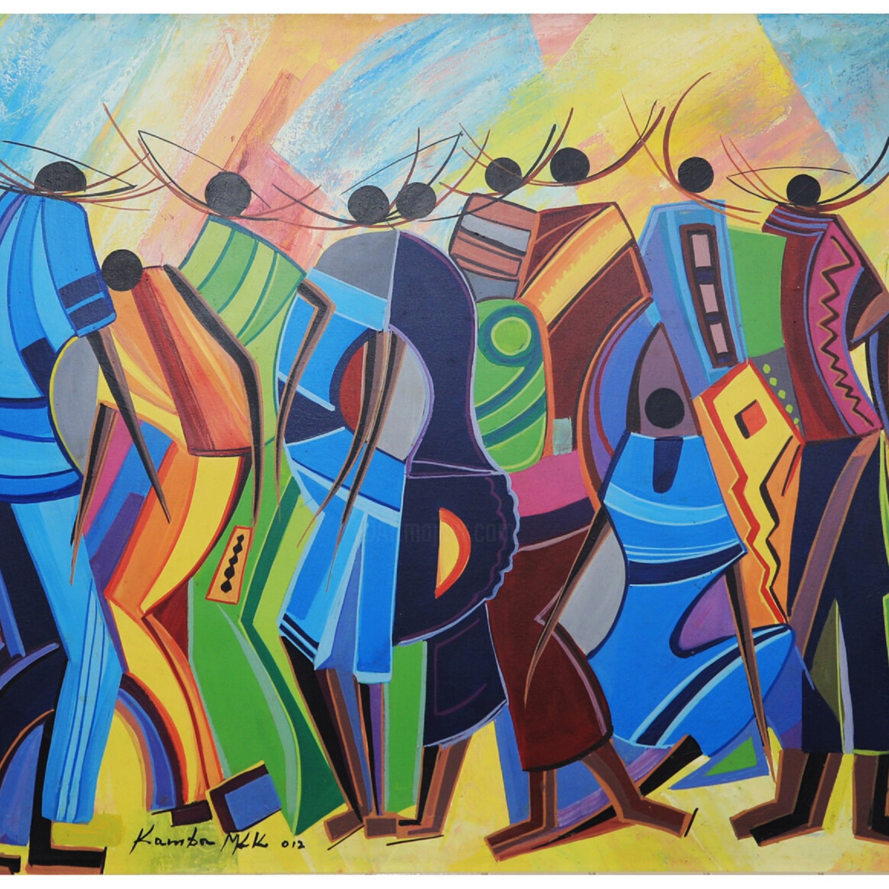 L'image présente une composition colorée et vibrante, typique de l'art abstrait. On y voit plusieurs silhouettes humaines, représentant des personnes en mouvement, probablement en train de marcher ensemble. Les figures sont stylisées, avec des formes géométriques et des lignes fluides, créant une dynamique de groupe. Les couleurs vives, comme le bleu, le rouge, le vert et le jaune, se mélangent harmonieusement, évoquant une atmosphère festive et joyeuse. L'arrière-plan est également coloré, ajoutant à la sensation de mouvement et d'énergie collective. Les personnages semblent engagés dans une interaction vivante, suggérant une fraternité et une célébration partagée.