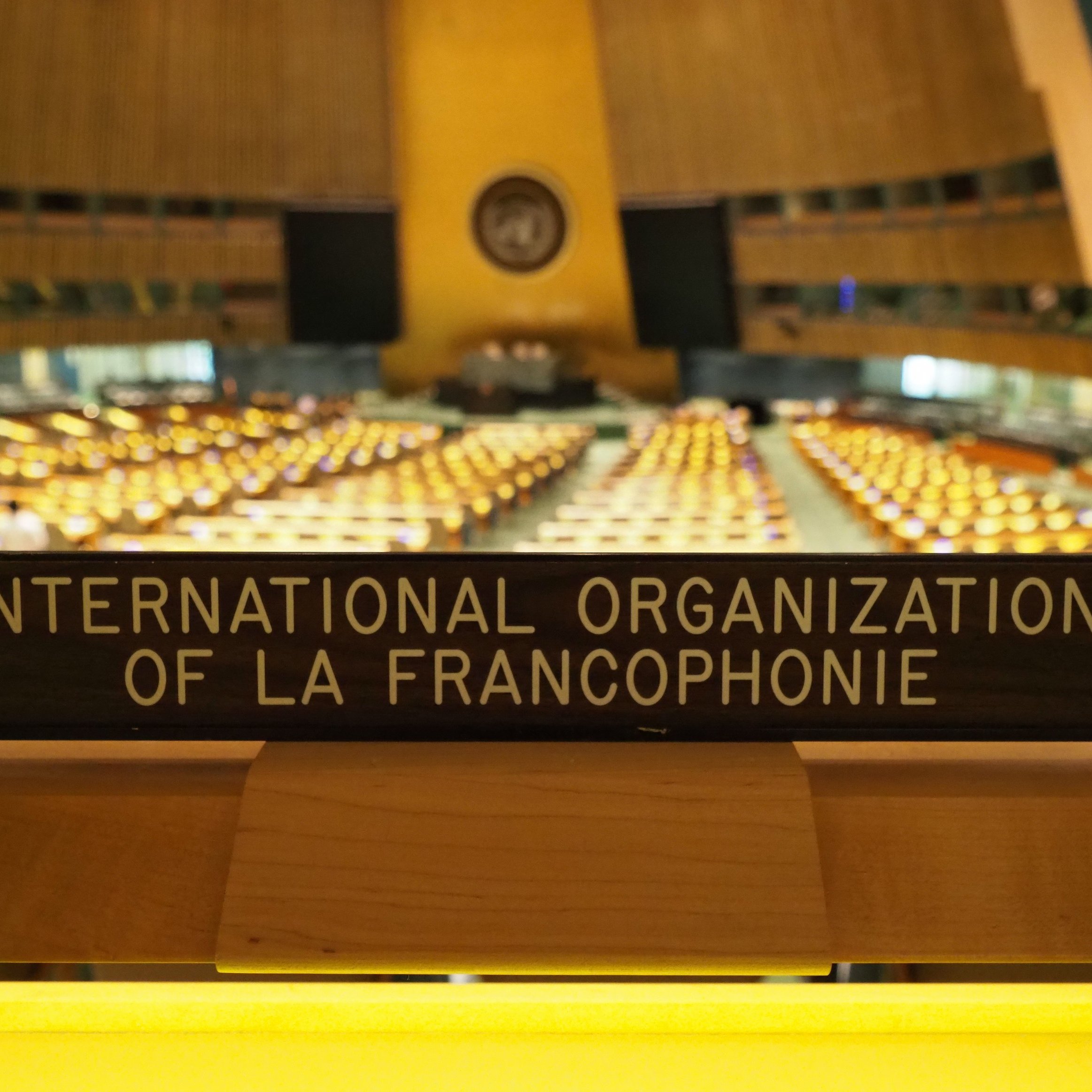 Cette image montre un intérieur d'une grande salle de conférence, probablement à l'ONU. Au premier plan, on voit un panneau en bois portant l'inscription "INTERNATIONAL ORGANIZATION OF LA FRANCOPHONIE". Derrière ce panneau, de nombreuses rangées de sièges sont disposées, chaque rangée étant équipée de petits dispositifs lumineux. La lumière ambiante de la salle crée une atmosphère chaleureuse et accueillante. Les couleurs varient entre des teintes dorées des dispositifs lumineux et les éléments architecturaux modernes du bâtiment. On peut sentir un sentiment d'importance et de sérieux dans cet espace, dédié à des discussions diplomatiques et internationales.
