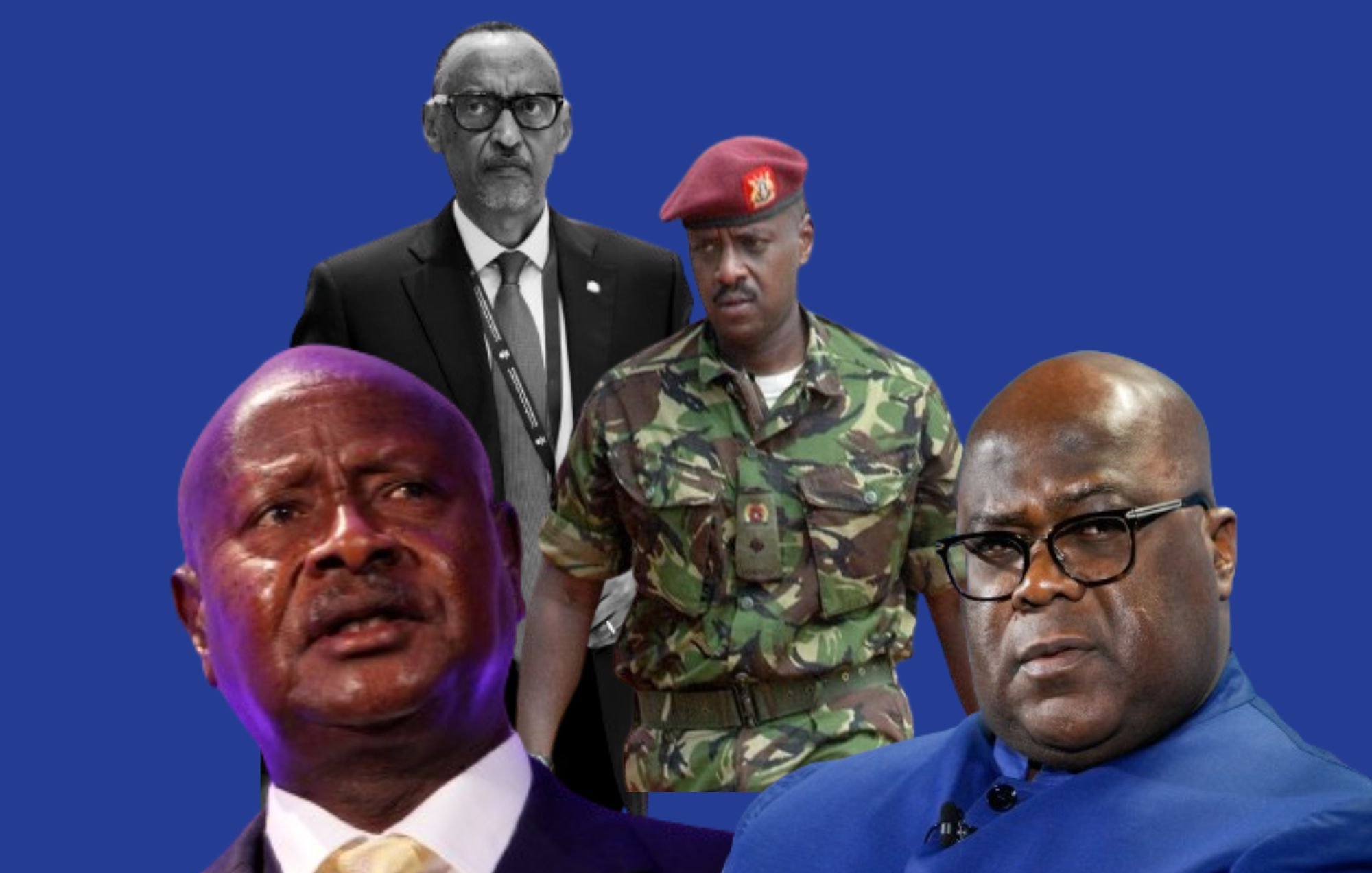 L'image présente plusieurs figures au premier plan, avec un arrière-plan bleu. À gauche, on voit un homme avec une expression préoccupée, au centre un militaire en tenue camouflage, et à droite un homme portant des lunettes et une expression sérieuse. En arrière-plan, il y a une autre silhouette d'un homme en costume. L'ensemble crée une composition qui semble mettre en avant des personnages influents dans un contexte politique ou militaire.