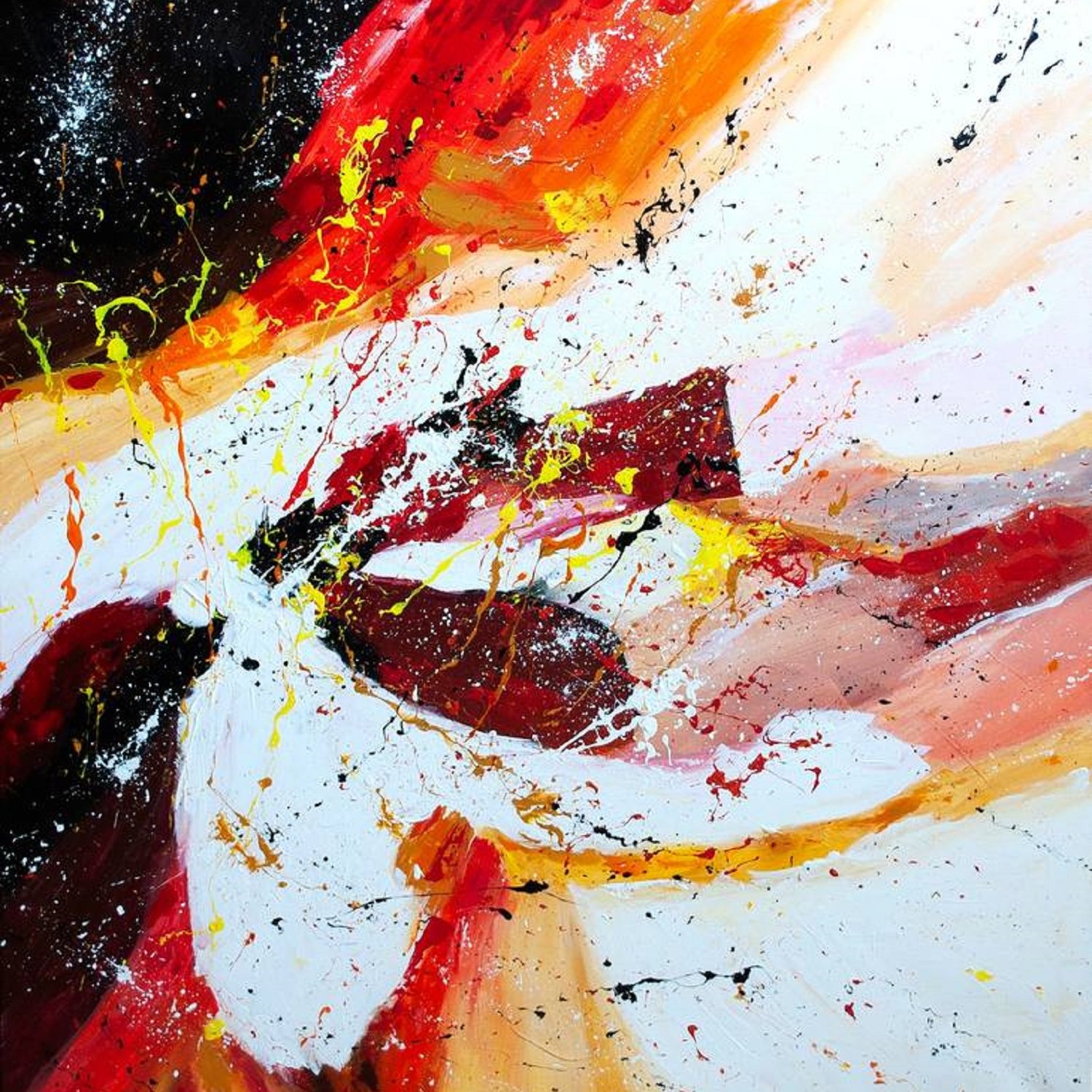 L'image représente une peinture abstraite vibrante avec des couleurs chaudes. On y voit des teintes de rouge, orange et jaune qui se mêlent, créant une sensation dynamique et énergique. Des éclaboussures de peinture jaune ajoutent de la texture, tandis que des zones de blanc apportent de la luminosité. La composition semble être en mouvement, évoquant une passion ou une explosion créative. Les coups de pinceau sont à la fois larges et délicats, suggérant une fluidité entre les différentes couleurs. Cette œuvre évoque des émotions intenses et invite à l'interprétation personnelle.