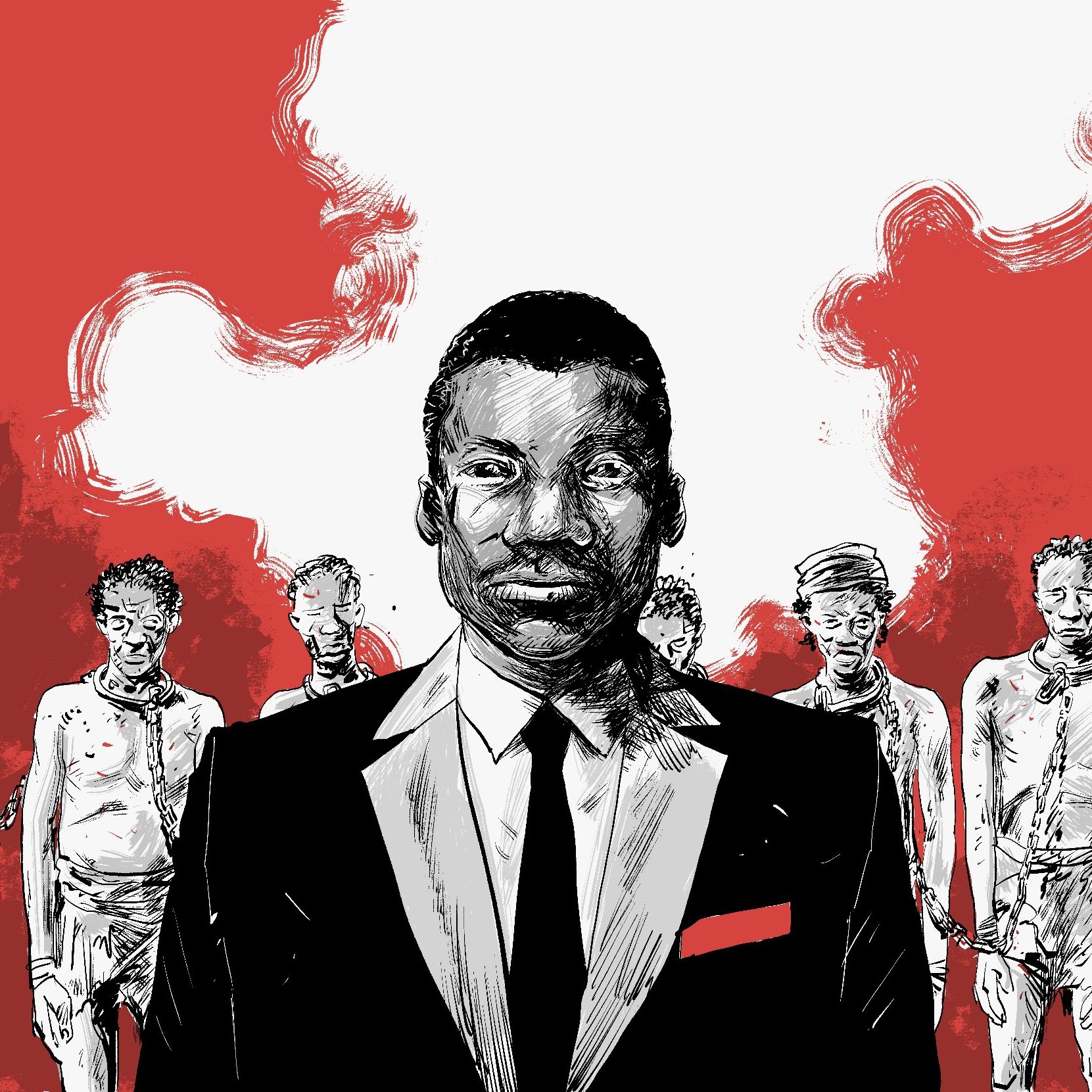 L'image présente un homme en costume noir, avec une chemise blanche et une cravate noire, au centre du dessin. Il a un regard déterminé, et un détail rouge sur sa veste attire l'attention. En arrière-plan, on aperçoit plusieurs figures humaines en position statique, représentant des personnes au visage affligé et au corps maigre, probablement en train de vivre une situation difficile. L'arrière-plan est dominé par des teintes rouges et des formes floues, créant une atmosphère intense et troublante. Cette image évoque des thèmes de souffrance, d'injustice et de résilience.