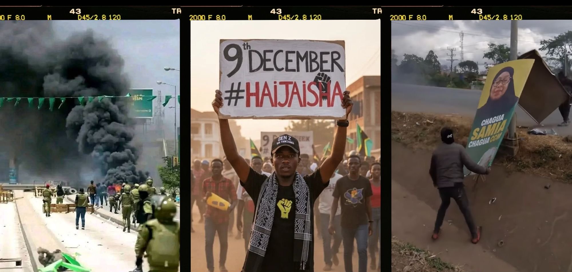 The image appears to be a triptych, consisting of three separate panels: 1. **Left Panel**: Shows a scene of chaos with smoke billowing in the background, likely from protests or riots. There are people, possibly demonstrators or security forces, visible in the foreground. 2. **Middle Panel**: Features a young man holding a sign that reads "9th December #HAJTAISHA." He is dressed casually and appears to be at a demonstration or rally, suggesting a call to action or awareness about an event on that date. 3. **Right Panel**: Depicts a person interacting with a political campaign poster or sign. The poster displays an image of a candidate or public figure, indicating a political context. Overall, the image conveys themes of political activism, public protests, and the importance of civic engagement.