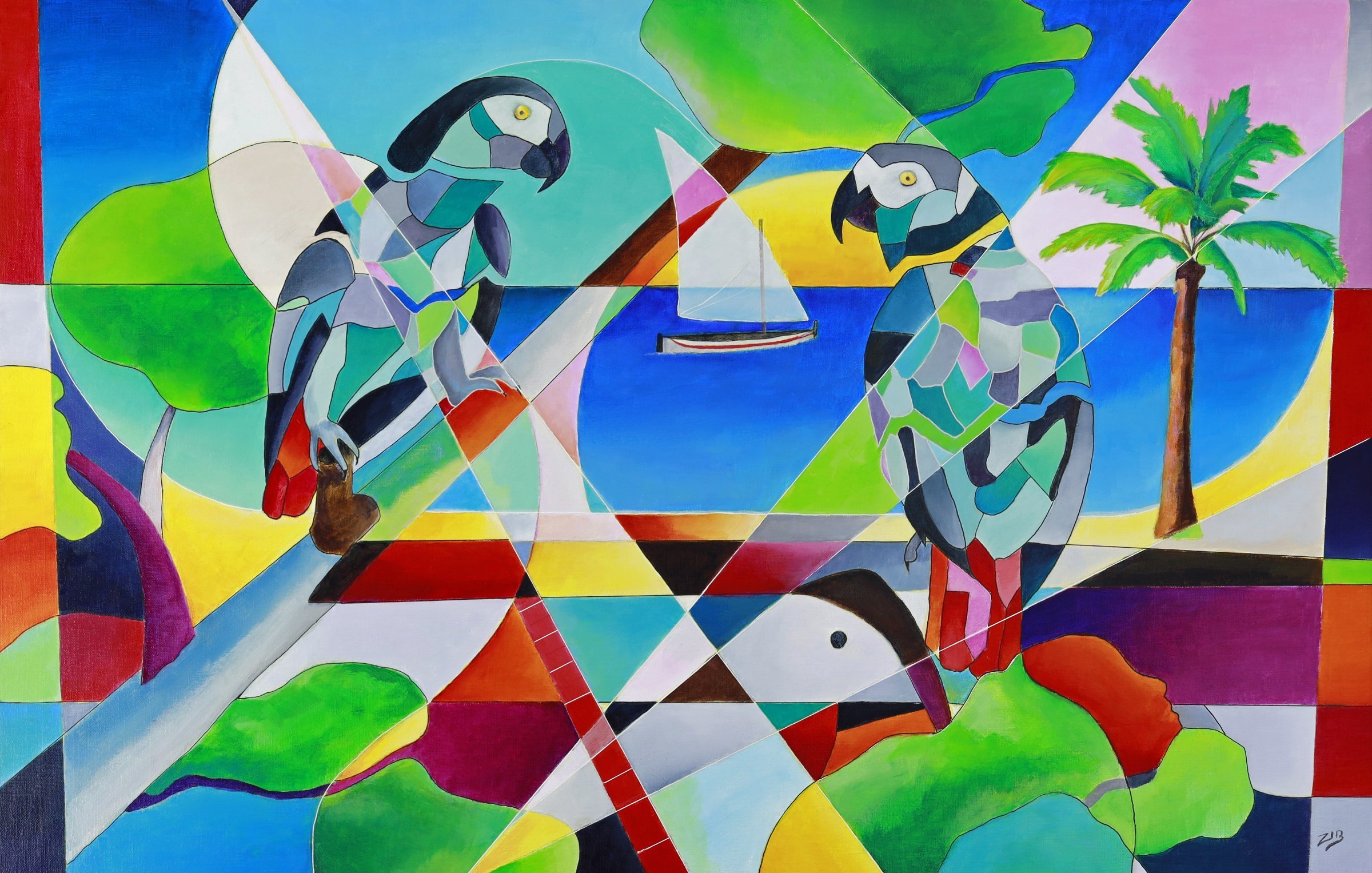 L'image représente une vue aérienne d'un paysage côtier, où des teintes vibrantes de rouge, orange et bleu se mêlent. La partie supérieure de l'image présente des formations terrestres, probablement des zones de végétation dense, desservies par des rivières sinueuses qui serpentent à travers le terrain. Ces rivières, d'un bleu profond, contrastent avec les couleurs chaudes du sol. On peut discerner des îles et des zones inondées dans la partie inférieure, avec des lignes évoquant des cours d'eau qui s'étendent vers l'extérieur. La composition générale suggère un environnement naturel riche, où la terre et l'eau interagissent de manière dynamique. Les textures et les motifs des différentes surfaces créent un effet artistique, presque abstrait, tout en invitant à imaginer les paysages vibrants de la nature.