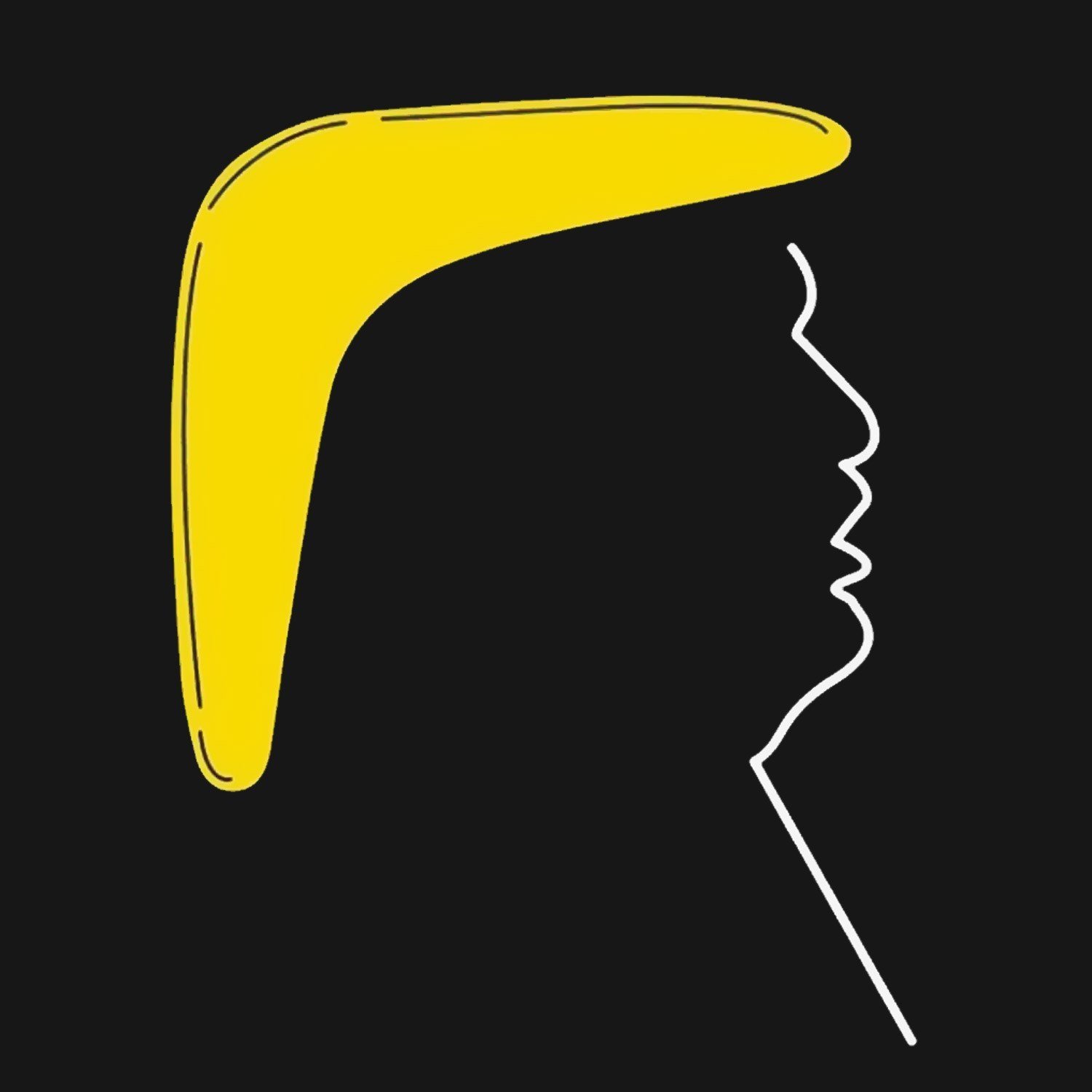 L'image présente un profil stylisé d'une tête sur fond noir. La silhouette est tracée en blanc, mettant en évidence les contours de la mâchoire et du nez. Une grande coiffure jaune, ressemblant à une mèche ou une coupe de cheveux distinctive, est ajoutée. Cet ensemble crée un contraste fort et une impression graphique marquante. L'image est à la fois simple et emblématique.