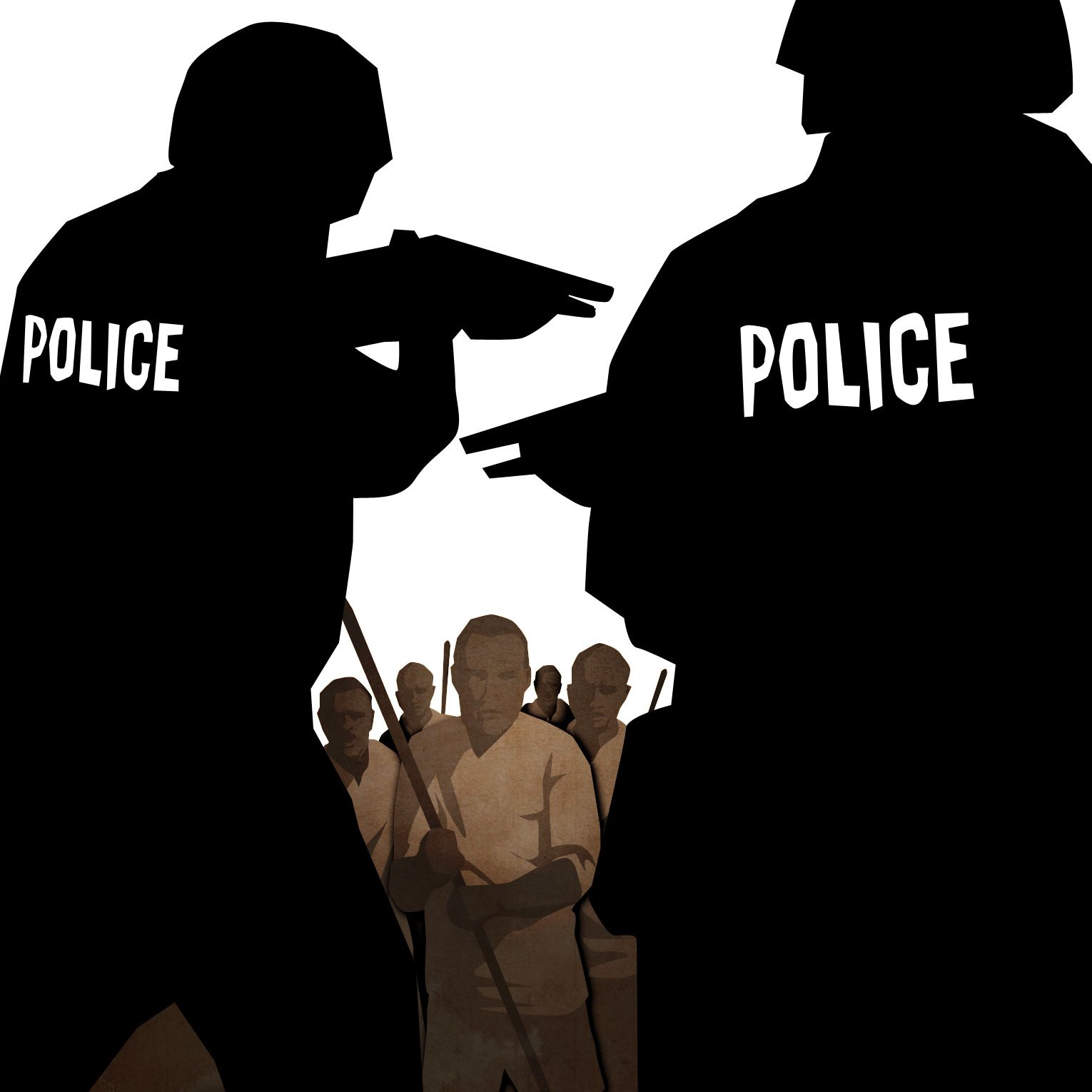 L'image présente deux silhouettes de policiers se faisant face, portant des uniformes avec le mot "POLICE" bien visible à l'arrière. Les policiers tiennent des armes, et l'une des silhouettes semble être en position de confrontation. En arrière-plan, on peut distinguer un groupe de personnes, qui semblent regarder la scène, légèrement floues, suggérant une tension. Le fond est d'un blanc pur, ce qui accentue le contraste avec les silhouettes sombres des policiers et les figures du groupe. L'atmosphère de l'image évoque un moment de tension ou de confrontation.