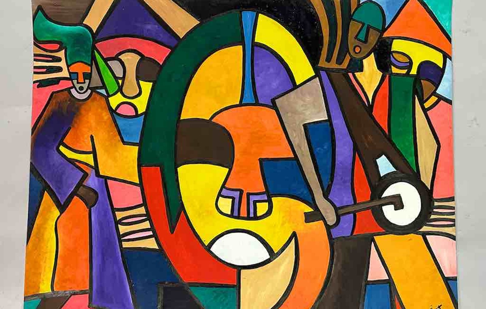 Cette image est une peinture colorée et abstraite. On y voit des formes géométriques variées, principalement des cercles, des lignes et des figures humaines stylisées. Les couleurs sont vives et contrastées : des oranges, des verts, des bleus, et des jaunes, créant un dynamisme visuel. Les personnages semblent interagir, chacun occupant une place bien définie dans la composition. Les contours sont marqués, ajoutant une dimension graphique qui attire l'œil. L'ensemble évoque une atmosphère énergique et joyeuse.