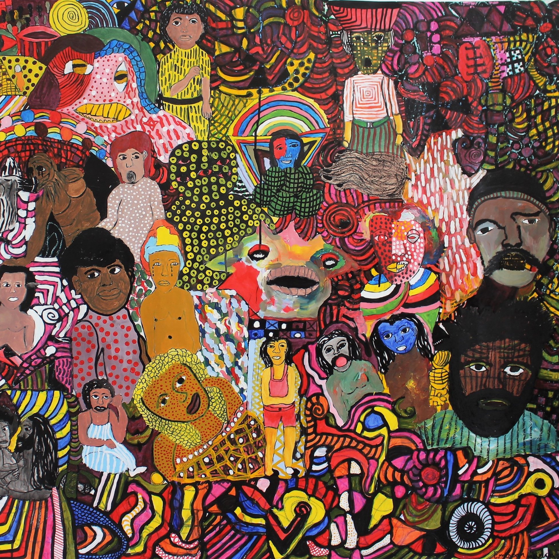 L'image est une composition artistique vibrante, remplie de motifs colorés et de visages divers. On y trouve des figures humaines, représentées de manière stylisée, avec des expressions variées. Les visages sont entourés de formes abstraites et de dessins géométriques, créant une atmosphère dynamique et joyeuse. Les couleurs utilisées sont essentiellement des teintes vives, incluant des rouges, des jaunes, des verts et des bleus, qui se mêlent harmonieusement. Les différents éléments de l'image semblent interagir, formant un ensemble riche et captivant qui évoque à la fois l'énergie et la diversité des émotions humaines.