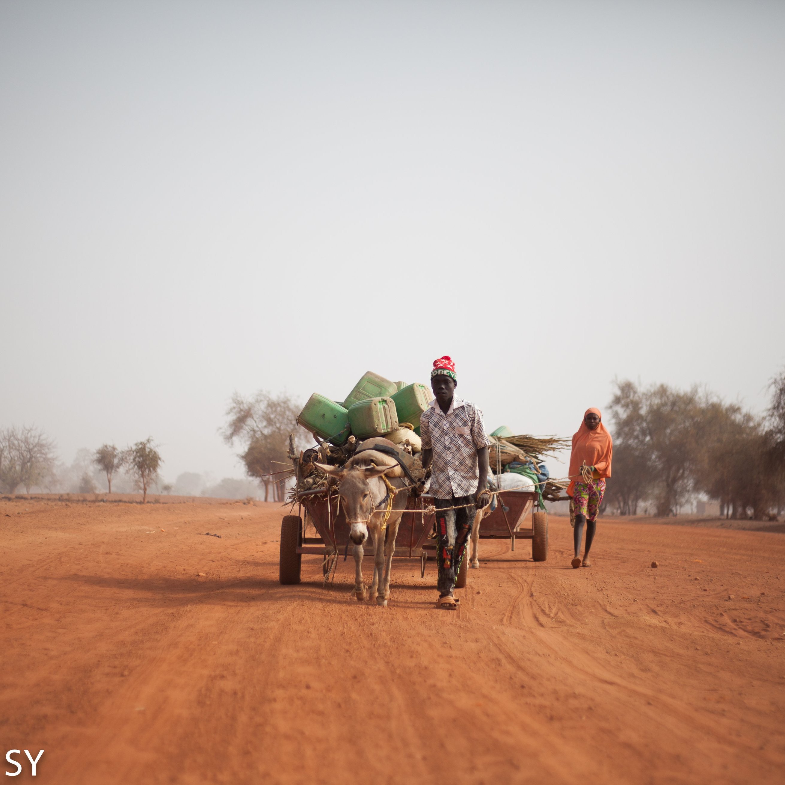 L'image montre une scène dans un paysage rural, probablement en milieu désertique. Au premier plan, on voit un homme marchant à côté d'une charrette tirée par unâne. La charrette est chargée de divers objets, probablement des seaux et des provisions. À l'arrière-plan, une autre personne, vêtue d'un habit distinctif, avance sur le chemin poussiéreux. Le sol est rougeâtre, typique des régions sahéliennes, et quelques arbres dispersés ajoutent une touche de verdure au tableau. L'ambiance générale semble calme et méditative, évoquant une vie simple et traditionnelle.