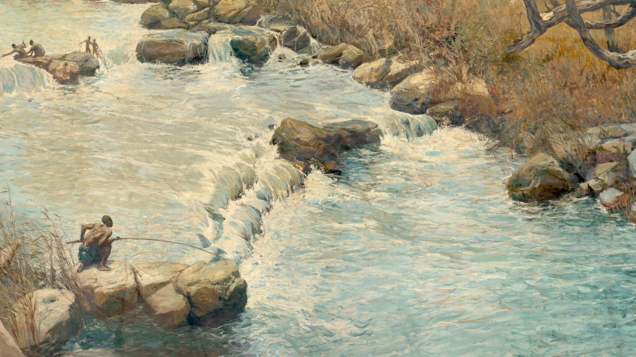 The image depicts a serene river scene with gentle flowing water. It features several rocky outcrops along the riverbank, where a few figures are engaged in fishing. The landscape is lush with grasses and a mix of plant life, suggesting a natural and tranquil environment. The colors are soft and soothing, with shades of blue and green dominating the water, while warmer tones are present in the surrounding foliage. The overall atmosphere conveys a sense of peace and connection to nature.