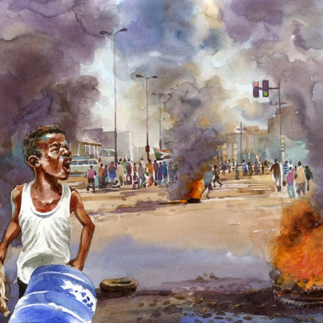 L'image représente une scène de protestation intense. Au centre, un jeune homme, exprimant une forte émotion, crie avec passion. Son visage reflète l'angoisse et la détermination, tandis qu'il porte un débardeur blanc. Autour de lui, on voit des pneus enflammés qui émettent des nuages de fumée sombre. En arrière-plan, une foule se déplace, rassemblée sur une route urbaine. Les bâtiments sont flous, mais on perçoit l'agitation des gens qui se mêlent à l'atmosphère chaotique. Un feu rouge de feu de circulation émerge, témoignant de la vie urbaine. L'ambiance est marquée par une tension palpable et une lutte pour la voix. Les couleurs, principalement des bruns, des bleus et des gris, renforcent l'intensité de la scène.