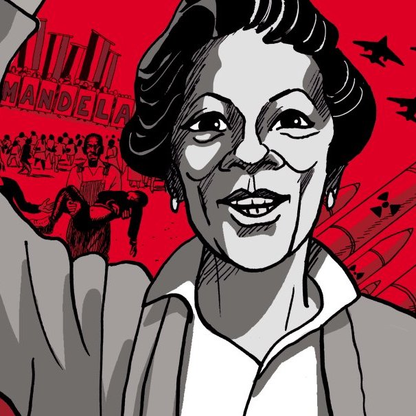 Cette image représente une femme au visage souriant, levant le bras en signe de victoire ou de protestation. Elle est stylisée avec des traits clairs sur un fond rouge vibrant. En arrière-plan, on peut apercevoir des silhouettes de personnes, des avions de chasse et des symboles évoquant la lutte pour la liberté. L'atmosphère générale de l'image suggère des thèmes de résistance et d'espoir.