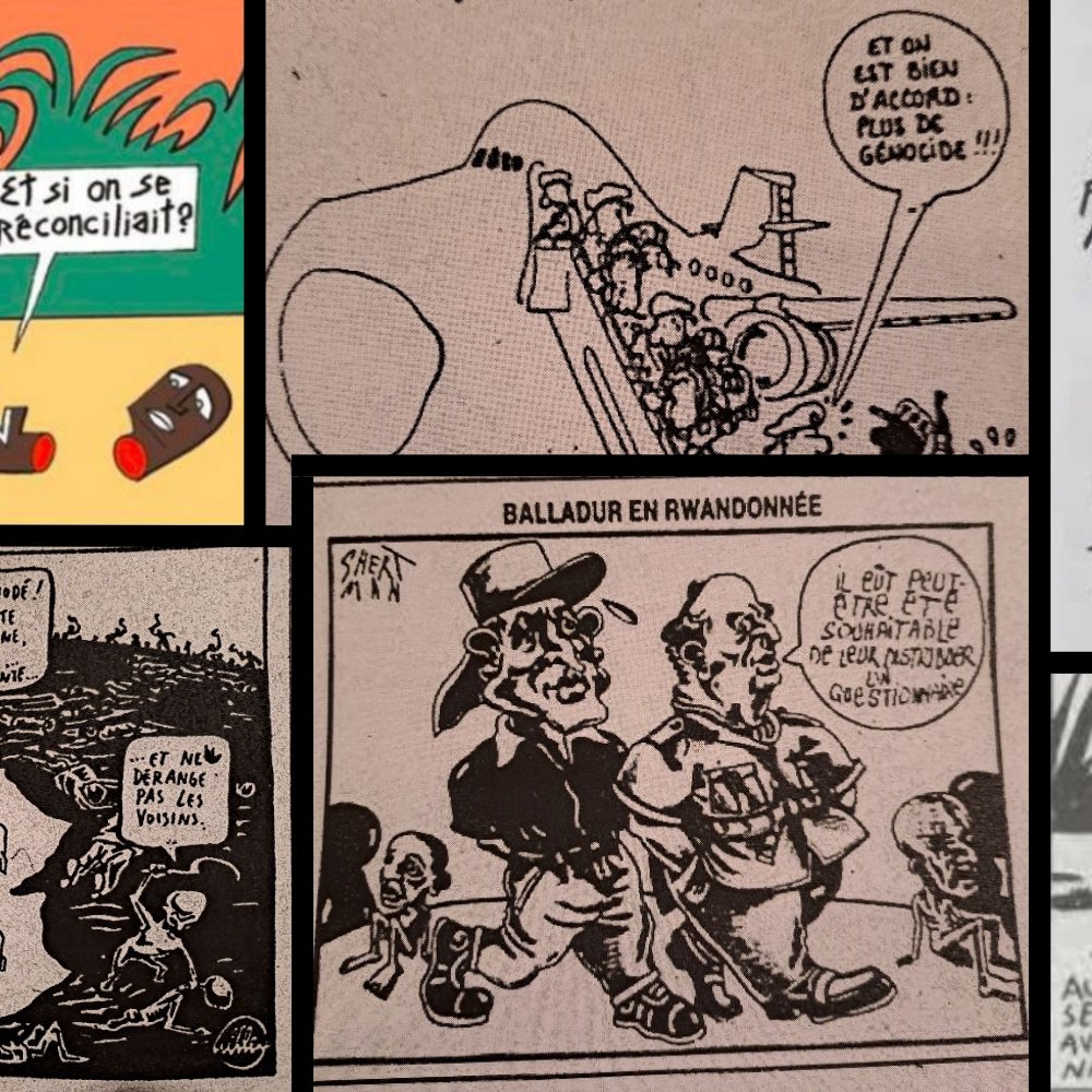 L'image est une composition de plusieurs dessins humoristiques et caricatures. 1. En haut à gauche, on voit une illustration où deux personnages discutent, l'un disant simplement "Et si on se réconciliait ?". 2. En haut à droite, une scène marine avec un bateau et un personnage qui semble occupé à une tâche, suggérant une ambiance d'aventure ou d'exploration. 3. En bas à gauche, il y a une représentation d'individus dans une situation de conflit ou de tension, avec un décor qui semble symboliser un retour à la nature ou aux racines. 4. En bas à droite, une caricature dépeignant des figures souvent associées à la critique sociale, avec des traits exagérés pour souligner des comportements ou des thèmes spécifiques. L'ensemble dégage un mélange d'humour et de réflexion sociale, probablement lié à des enjeux culturels ou politiques, utilisant le dessin comme moyen d'expression. Les couleurs et le style varié des dessins ajoutent une couche de légèreté, malgré des sujets potentiellement sérieux.