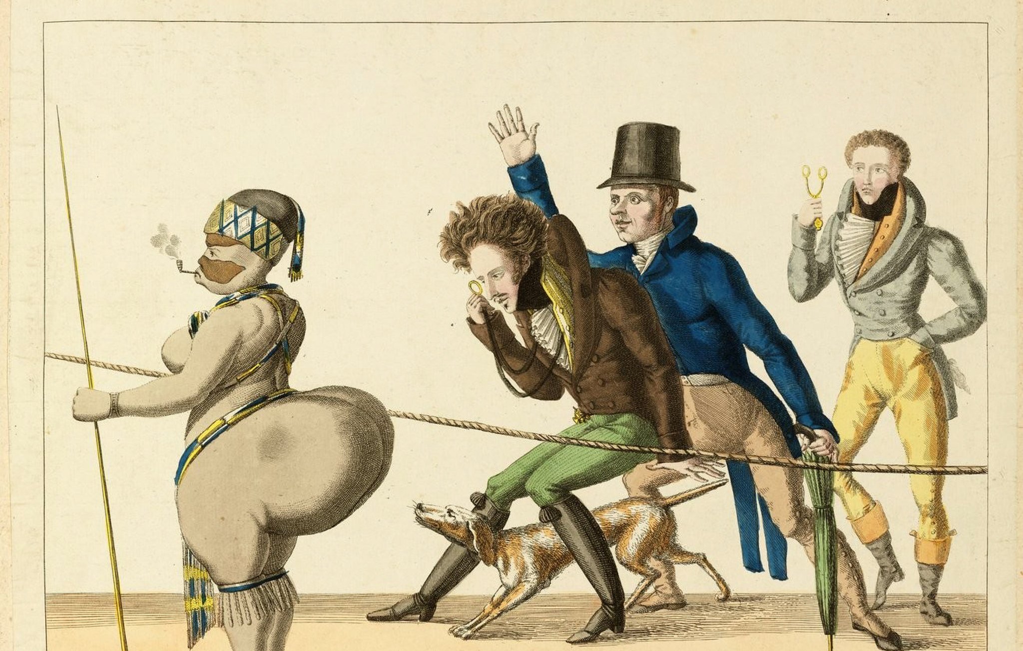 Cette image est une illustration humoristique et satirique du XIXe siècle, représentant un groupe de personnages en procession. À l'avant, une femme aux formes généreuses marche le long d'une corde. Elle est vêtue de manière exotique, avec un bijou dans les cheveux et des décorations sur son corps. À sa suite, trois hommes sont en marche : l'un d'eux, portant un chapeau haut de forme, semble admirer la femme ; un autre, avec une posture plus curieuse et concentrée, se penche en avant ; et le dernier, avec une expression de désapprobation, porte un vêtement élégant et un foulard. Un petit chien les accompagne, ajoutant un côté comique à la scène. L'image utilise des couleurs vives et un style caricatural pour accentuer les traits des personnages et créer une atmosphère ludique.