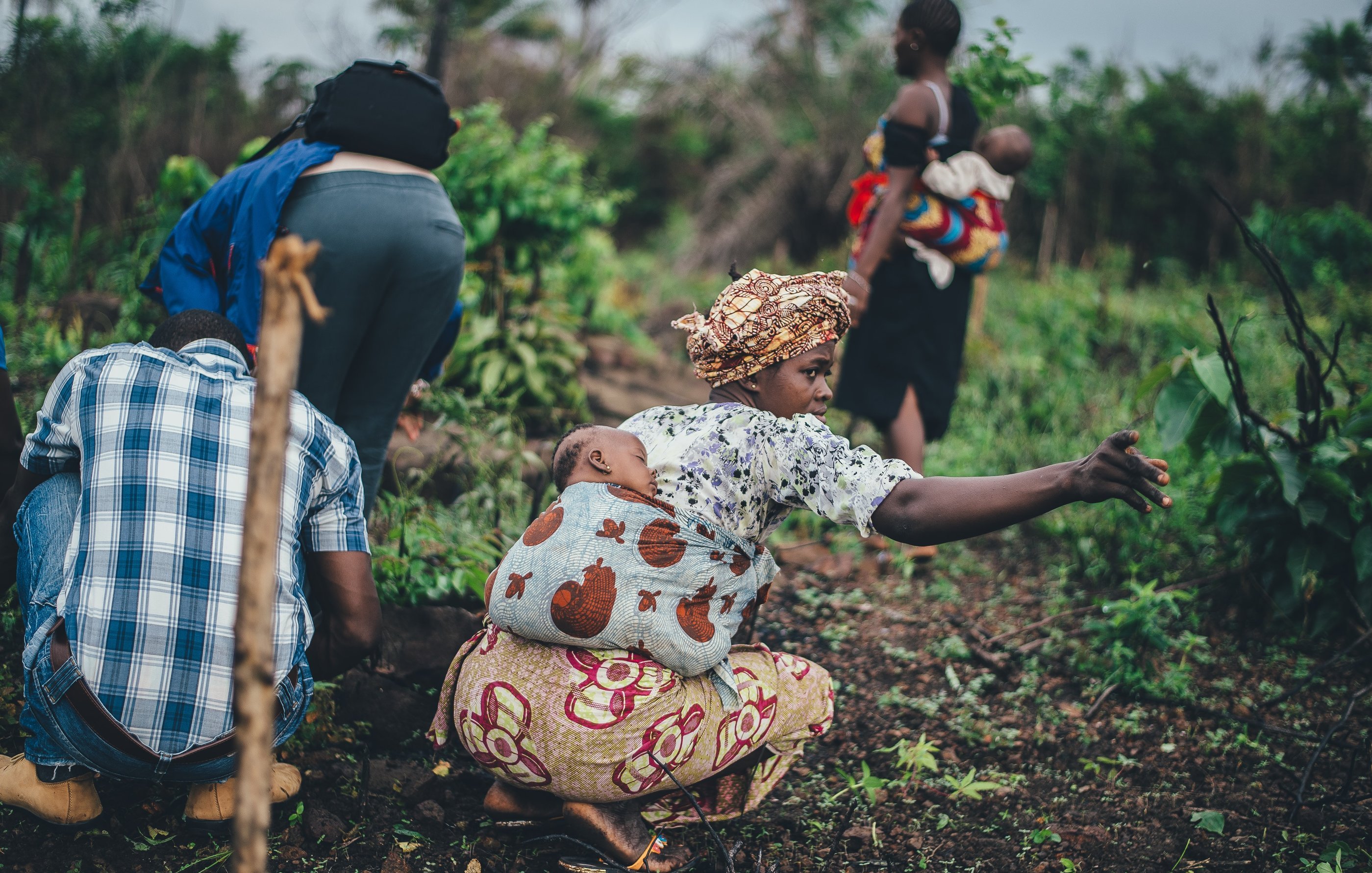 L'image montre un groupe de personnes travaillant dans un champ verdoyant. Au premier plan, une femme porte un foulard coloré et un vêtement à motifs, avec un bébé enveloppé dans un porte-bébé sur son dos. Elle tend son bras pour indiquer quelque chose dans le champ. À l'arrière-plan, d'autres personnes, y compris une femme portant un enfant et un homme vêtu d'une chemise à carreaux, sont occupées à planter ou à récolter. L'atmosphère est dynamique et témoigne d'un effort collectif au milieu d'une nature luxuriante. On peut sentir une ambiance de travail, de solidarité et de connexion avec la terre.