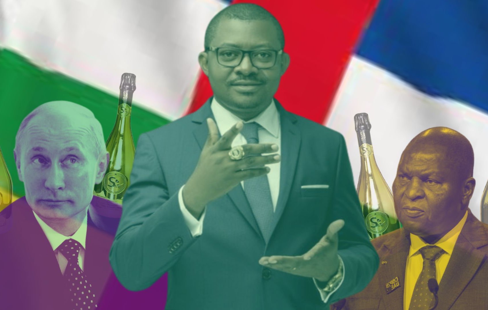 L'image présente un collage coloré. Au centre, un homme en costume sombre fait un geste de la main, semblant s'adresser au public. À gauche, une silhouette qui semble représenter un homme avec des traits distinctifs, accompagné de bouteilles alignées. À droite, une autre figure masculine, également entourée de bouteilles. En arrière-plan, on peut distinguer des motifs de drapeaux, avec des couleurs vives qui créent un contraste. L'ensemble évoque un thème de pouvoir et de conflit, avec des références symboliques aux leaders et à la richesse.