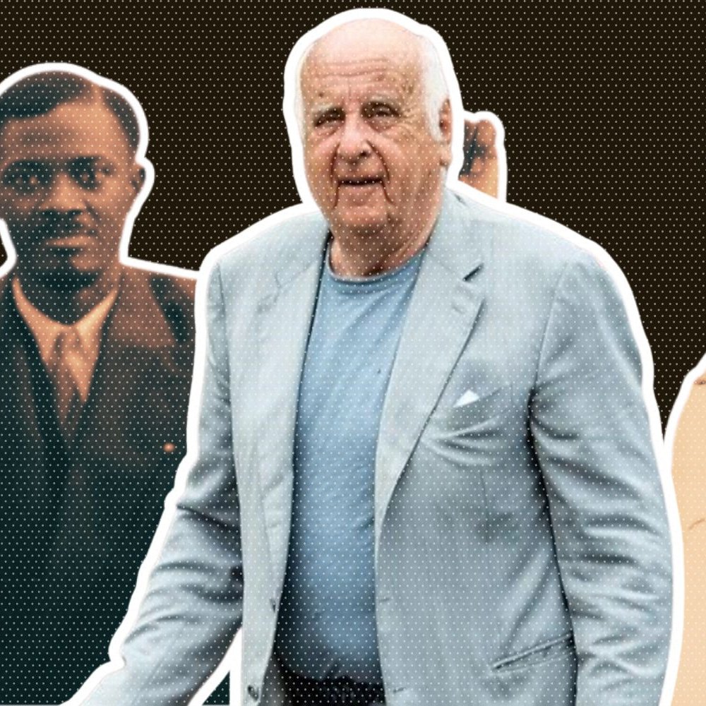 The image features three prominent figures. One figure on the left is a man dressed in formal attire, raising one arm in a gesture that suggests defiance or empowerment. The central figure is an older man in a light blue blazer, appearing casual and confident as he walks. The figure on the right wears a military-style uniform with sunglasses, projecting authority. The background is a dark brown color, and the figures are outlined prominently.