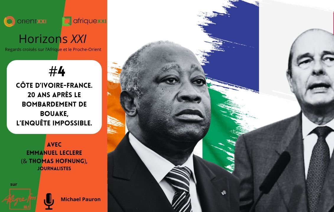 L'image présente un fond aux couleurs de drapeaux, avec des bandes verticales bleu, blanc, et rouge rappelant le drapeau français, ainsi que d'autres teintes évoquant le drapeau ivoirien. Au centre, il y a deux hommes en costume. L'homme de gauche a une expression sérieuse et porte un costume sombre, tandis que l'homme de droite, légèrement en retrait, observe avec un air grave. Le titre placé en haut indique "Horizons XXI", suivi d'un numéro et d'un thème traitant des relations entre la Côte d'Ivoire et la France, en lien avec un événement marquant. En bas, on trouve le nom de l'émission et les noms des journalistes impliqués, ainsi que le nom de la plateforme qui diffuse cette information.