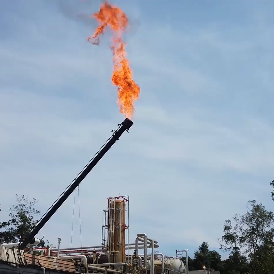 L'image présente une installation industrielle en plein air, probablement liée à l'extraction de pétrole ou de gaz. Au centre, un tube long et noir s'élève vers le ciel, d'où s'échappe une flamme vive et orange, créant un fort contraste avec le ciel bleu clair en arrière-plan. On aperçoit également des structures en métal, comme des réservoirs et des tuyaux, sur le site. De la végétation verte entoure l'installation, ajoutant une touche naturelle à cette scène industrielle. Le tout évoque une activité intense et potentiellement bruyante.