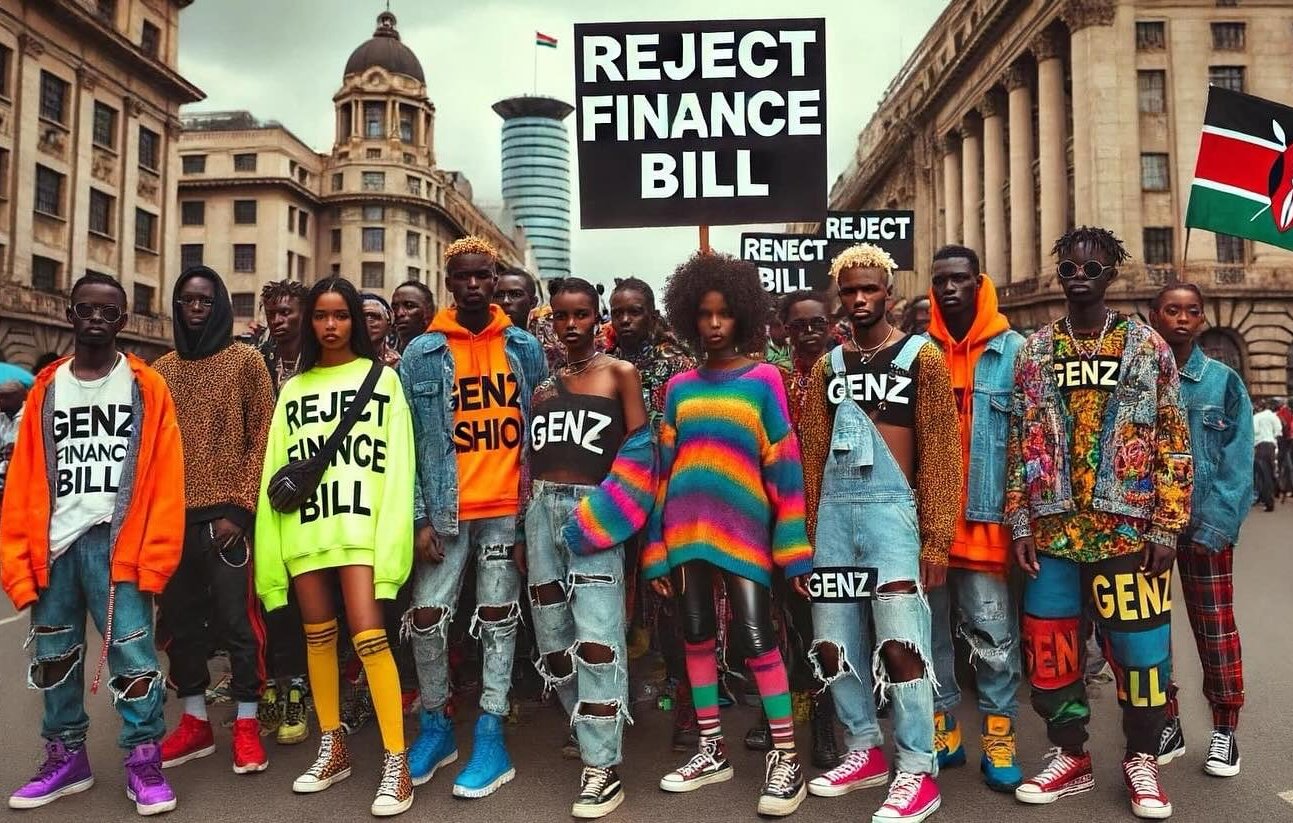 L'image montre un groupe de jeunes engagés dans une manifestation. Ils portent des vêtements colorés et audacieux, avec des slogans comme "GENZ" affichés sur leurs vêtements. Au centre, ils tiennent une grande pancarte sur laquelle est écrit "REJECT FINANCE BILL". En arrière-plan, on peut voir des bâtiments urbains et d'autres personnes, créant une ambiance dynamique et soudée autour de leur cause. Les couleurs vives et les expressions de détermination ajoutent à l'énergie de la scène.