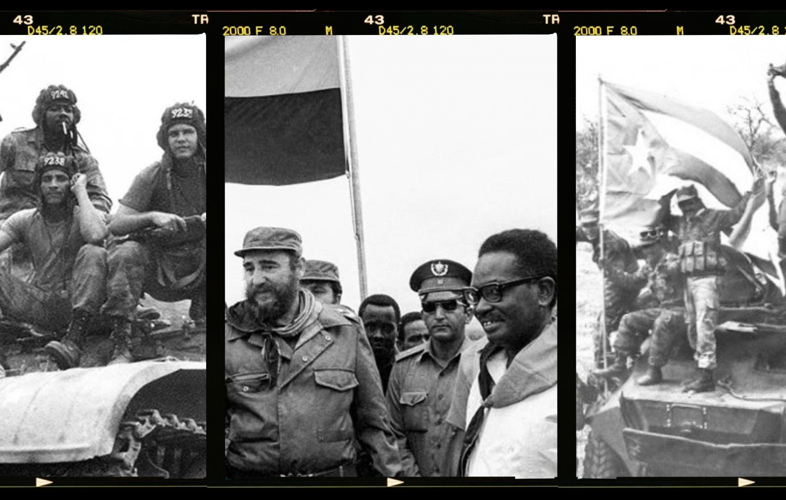 Cette image en trois parties présente des scènes historiques. 1. À gauche, un groupe de soldats est rassemblé autour d'un véhicule militaire. Certains portent des uniformes, d'autres des vêtements civils. Ils affichent des expressions de fierté et de camaraderie. En arrière-plan, on voit un drapeau qui flotte. 2. Au centre, deux hommes se tiennent côte à côte, discutant. L'un d'eux, identifiable par sa barbe et sa casquette, semble être une figure importante. Leur posture suggère une atmosphère de victoire ou de détermination. 3. À droite, une scène dynamique montre des soldats levant un drapeau sur un véhicule militaire. L'ambiance est triomphante, remplie d'énergie et de passion, illustrant un moment de célébration ou de conquête. L'ensemble de ces images évoque des thèmes de lutte, de solidarité et de moments décisifs dans l'histoire.