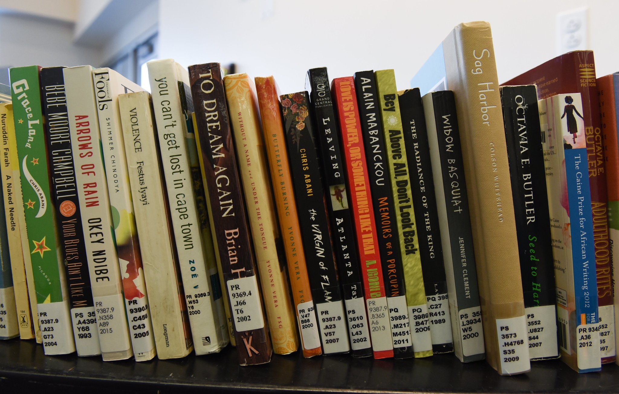 L'image montre une étagère remplie de livres disposés de manière ordonnée. Chaque livre a une couverture colorée, avec des titres variés, allant de l'écriture en noir sur fond blanc à des couleurs vives. Les tranches des livres portent des étiquettes blanches avec des chiffres, semblant indiquer des références ou des catégories. Les livres semblent être principalement de la fiction et abordent divers thèmes, suggérant un éventail d'histoires et de genres littéraires. L'ambiance générale est celle d'une bibliothèque ou d'un espace de lecture, invitant à la découverte littéraire.