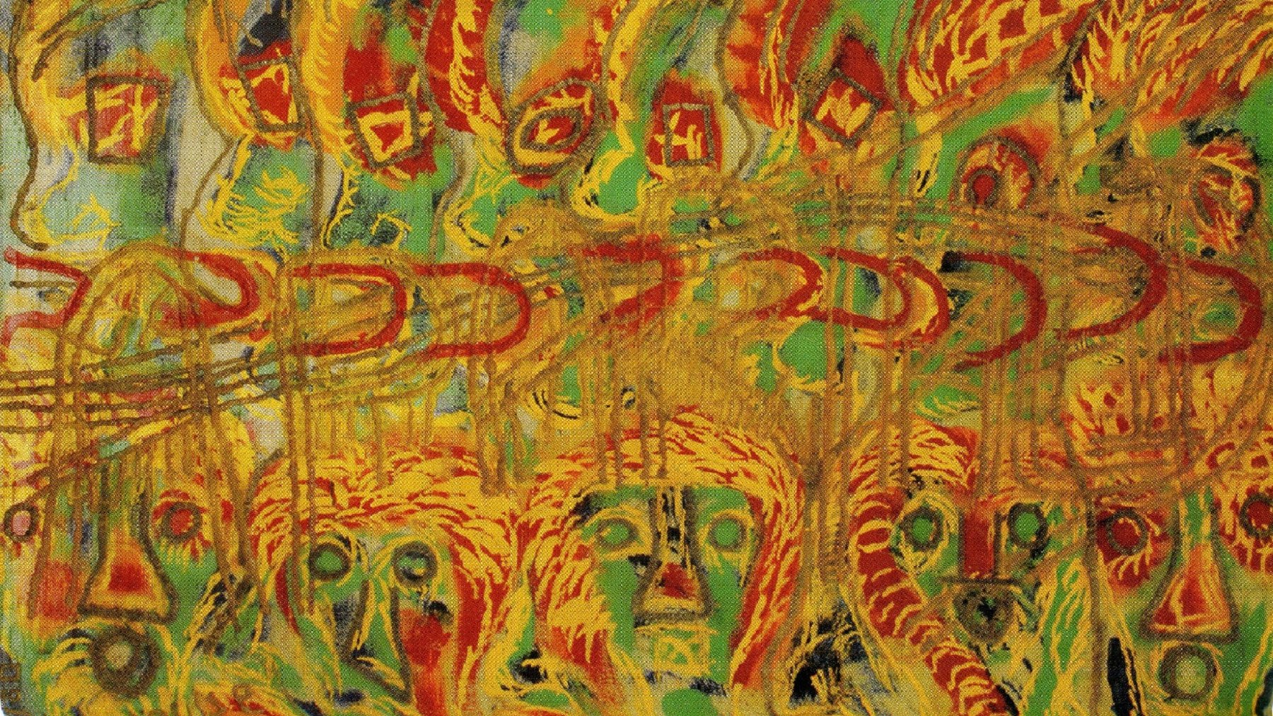Cette œuvre est une peinture vibrante et dynamique, remplie de couleurs chaudes et froides. On y trouve des nuances de rouge, d'orange et de jaune qui se mêlent à des touches de vert et de bleu, créant un contraste saisissant. Les formes semblent tourbillonner et se chevaucher, évoquant des visages abstraits qui sont partiellement visibles. L'ensemble dégage une sensation de mouvement, presque comme une danse, où les figures semblent interagir entre elles. Les traits sont lâches et expressifs, laissant une impression de chaos organisé, comme une scène animée remplie d'énergie et d'émotion.