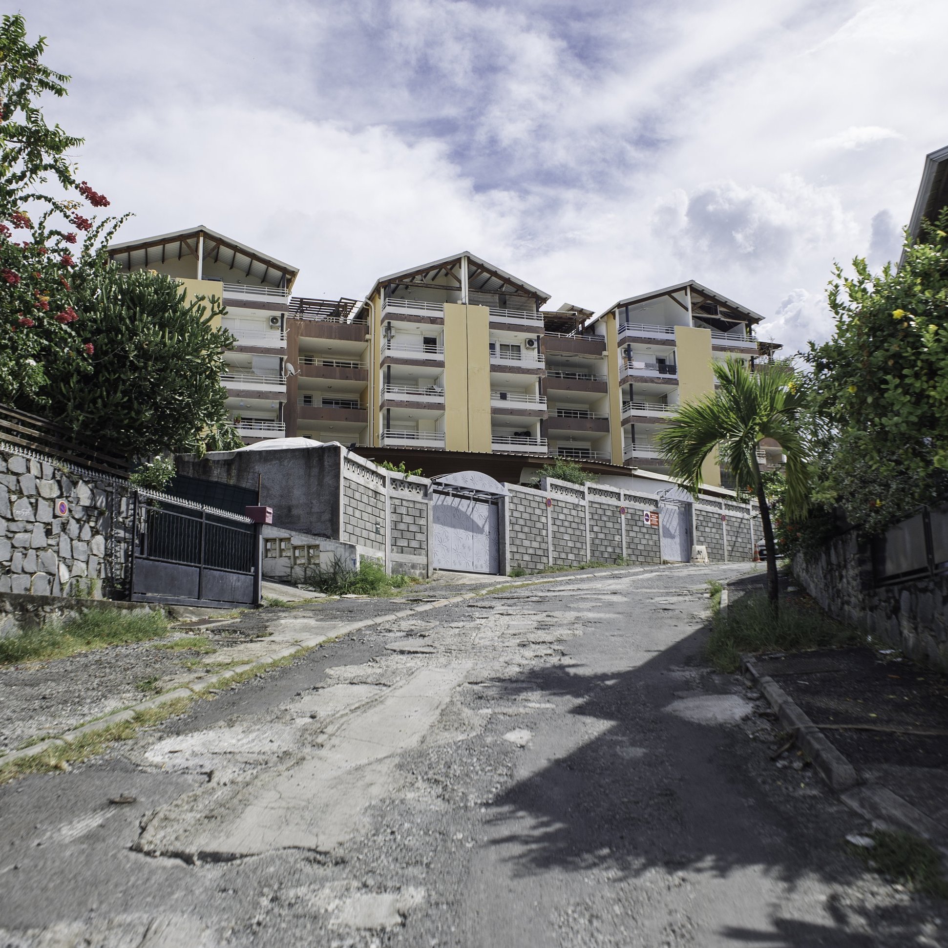 L'image montre une rue en pente, bordée de murs en pierre et de verdure. Sur le côté, on peut distinguer des fleurs colorées et des plantes tropicales. À l'arrière-plan, plusieurs bâtiments modernes avec des balcons se dressent, peints dans des teintes de jaune et de beige. Le ciel est nuageux, ce qui donne une ambiance légèrement dramatique à la scène. Le sol de la rue est inégal et montre des signes d'usure, avec des pavés qui apportent une texture variée au passage. L'atmosphère est calme, typique d'un quartier résidentiel.