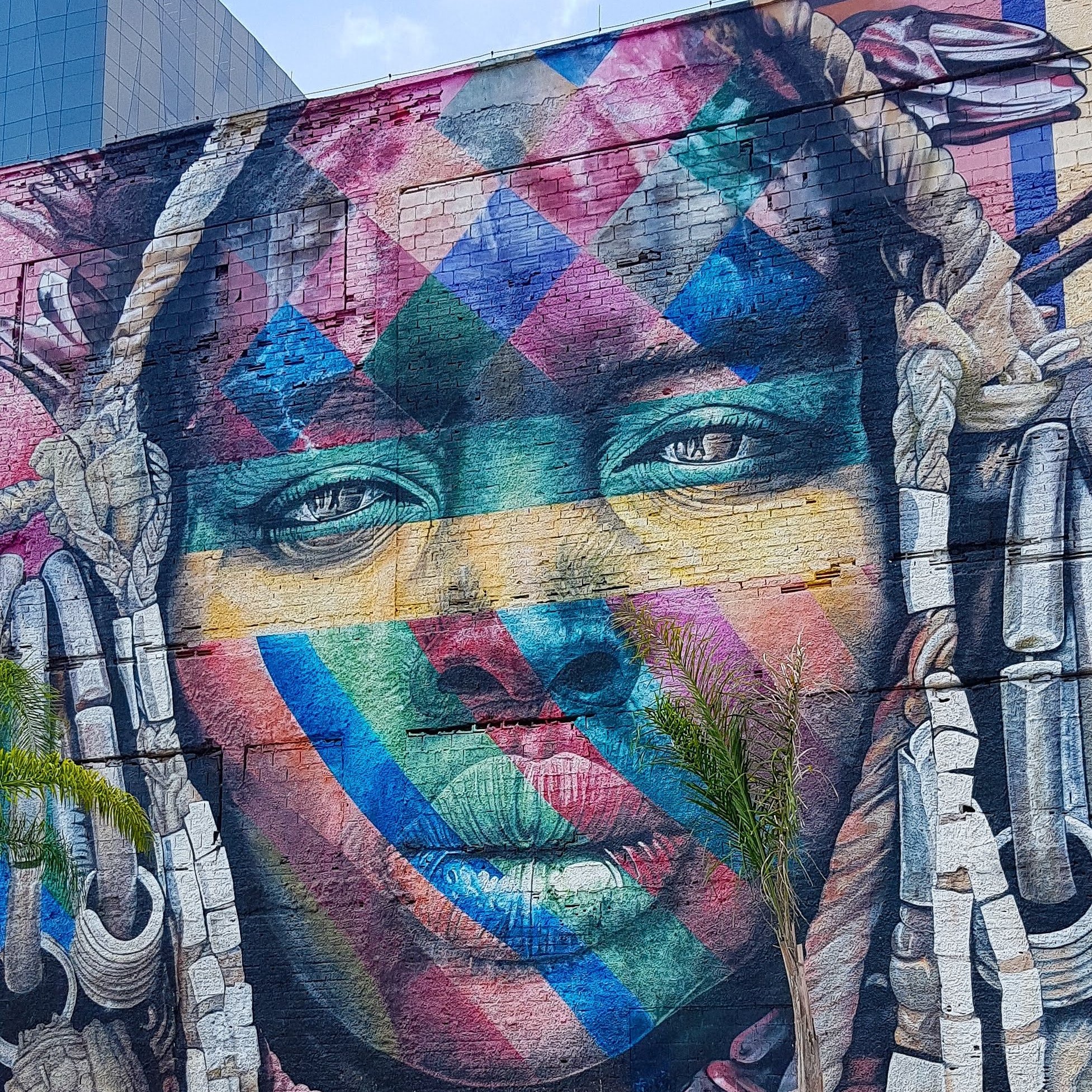 L'image présente une grande fresque murale colorée à la surface d'un bâtiment. Au centre, on voit le visage d'une personne, dont les traits sont rehaussés par des motifs géométriques en plusieurs couleurs, notamment des nuances de bleu, de rose, de jaune et de vert. Cette représentation artistique semble transmettre une intense expression émotionnelle, avec des yeux profonds et captivants. La personne porte des accessoires distinctifs dans les cheveux et des ornements sur le visage, ajoutant à la richesse de cette œuvre. En bas à droite, on aperçoit une jeune plante, évoquant un contraste entre l'urbanisme et la nature. L'ensemble de l'œuvre évoque une sensation de vitalité et de culture.