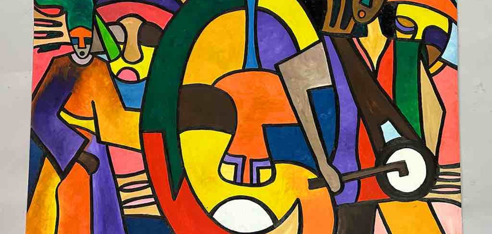 Cette image est une peinture colorée et abstraite. On y voit des formes géométriques variées, principalement des cercles, des lignes et des figures humaines stylisées. Les couleurs sont vives et contrastées : des oranges, des verts, des bleus, et des jaunes, créant un dynamisme visuel. Les personnages semblent interagir, chacun occupant une place bien définie dans la composition. Les contours sont marqués, ajoutant une dimension graphique qui attire l'œil. L'ensemble évoque une atmosphère énergique et joyeuse.