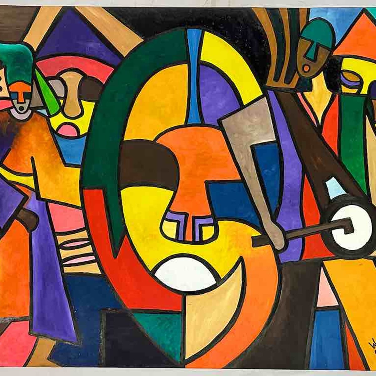 Cette image est une peinture colorée et abstraite. On y voit des formes géométriques variées, principalement des cercles, des lignes et des figures humaines stylisées. Les couleurs sont vives et contrastées : des oranges, des verts, des bleus, et des jaunes, créant un dynamisme visuel. Les personnages semblent interagir, chacun occupant une place bien définie dans la composition. Les contours sont marqués, ajoutant une dimension graphique qui attire l'œil. L'ensemble évoque une atmosphère énergique et joyeuse.