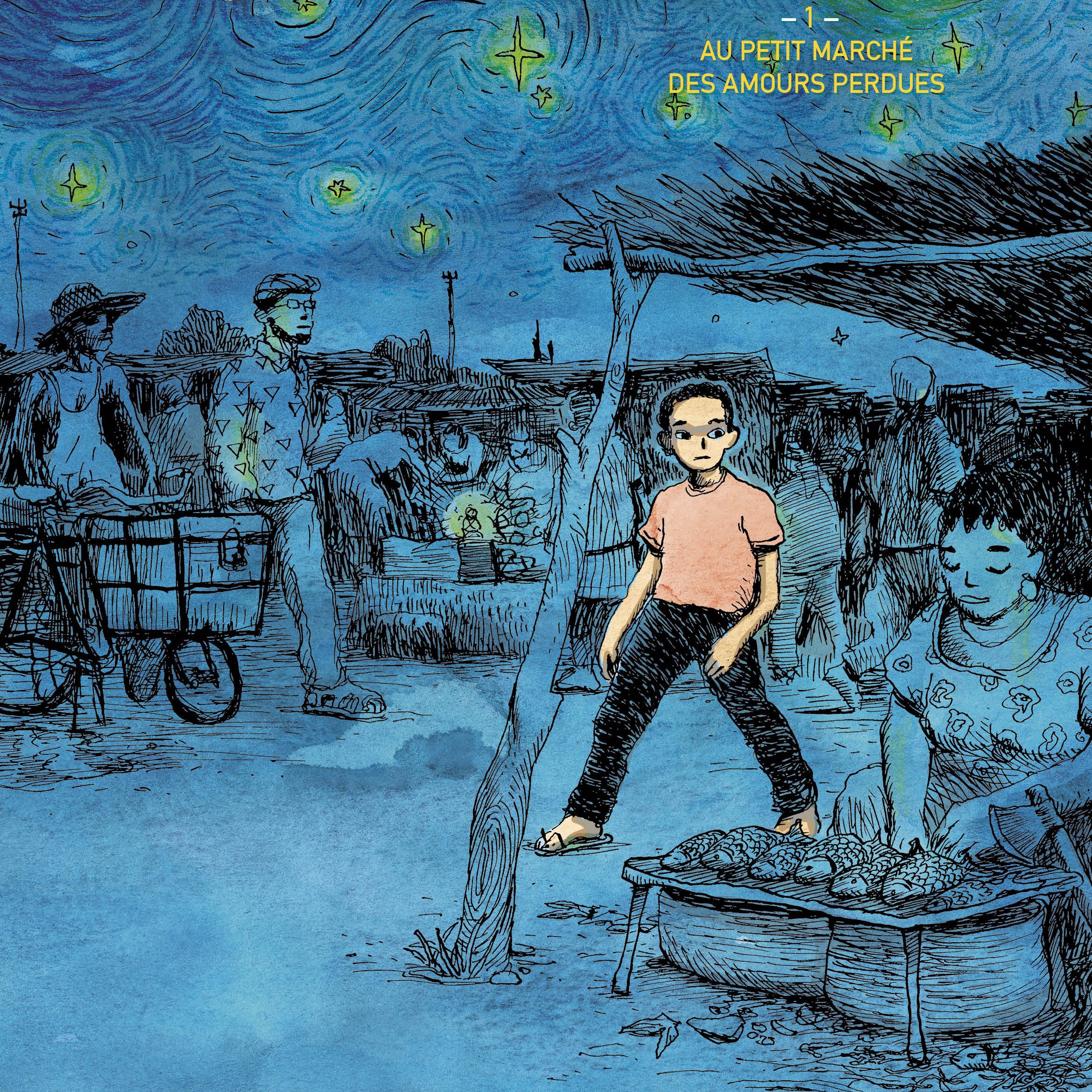 L'image représente une couverture de bande dessinée intitulée "Djarabane : Au petit marché des amours perdues". En arrière-plan, on peut voir un ciel étoilé d'un bleu profond, parsemé de petites étoiles. Au centre, un jeune garçon se tient debout, regardant autour de lui avec une expression de curiosité. Le décor évoque un marché animé, avec des marchandises exposées et des silhouettes de personnes en mouvement, créant une ambiance vivante et vibrante. Le titre est écrit en lettres jaunes et accrocheuses, ajoutant à l'énergie de la scène. L'ensemble présente un mélange de mystère et de nostalgie, invitant le lecteur à plonger dans une histoire touchante.