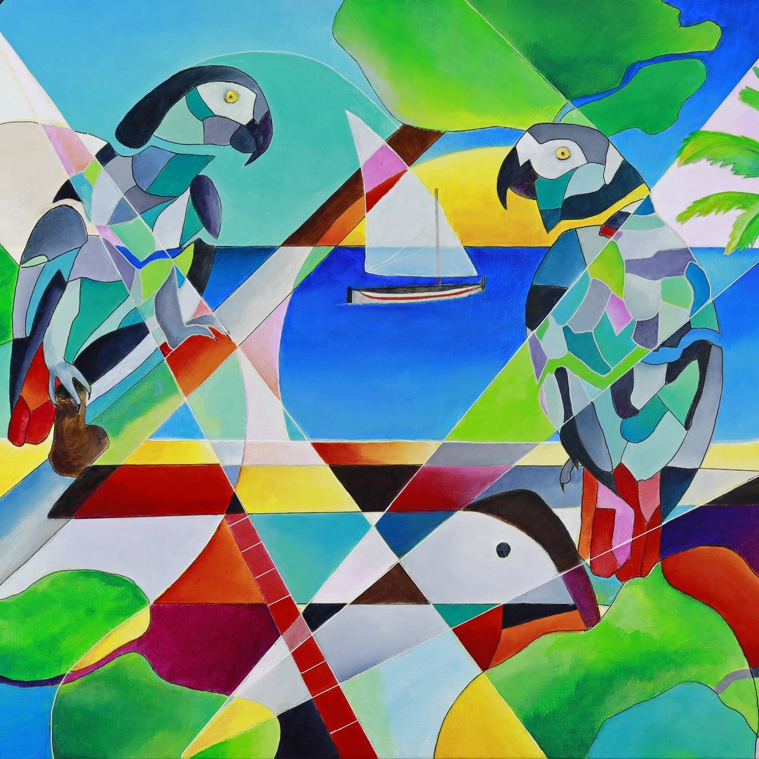 L'image représente une vue aérienne d'un paysage côtier, où des teintes vibrantes de rouge, orange et bleu se mêlent. La partie supérieure de l'image présente des formations terrestres, probablement des zones de végétation dense, desservies par des rivières sinueuses qui serpentent à travers le terrain. Ces rivières, d'un bleu profond, contrastent avec les couleurs chaudes du sol. On peut discerner des îles et des zones inondées dans la partie inférieure, avec des lignes évoquant des cours d'eau qui s'étendent vers l'extérieur. La composition générale suggère un environnement naturel riche, où la terre et l'eau interagissent de manière dynamique. Les textures et les motifs des différentes surfaces créent un effet artistique, presque abstrait, tout en invitant à imaginer les paysages vibrants de la nature.