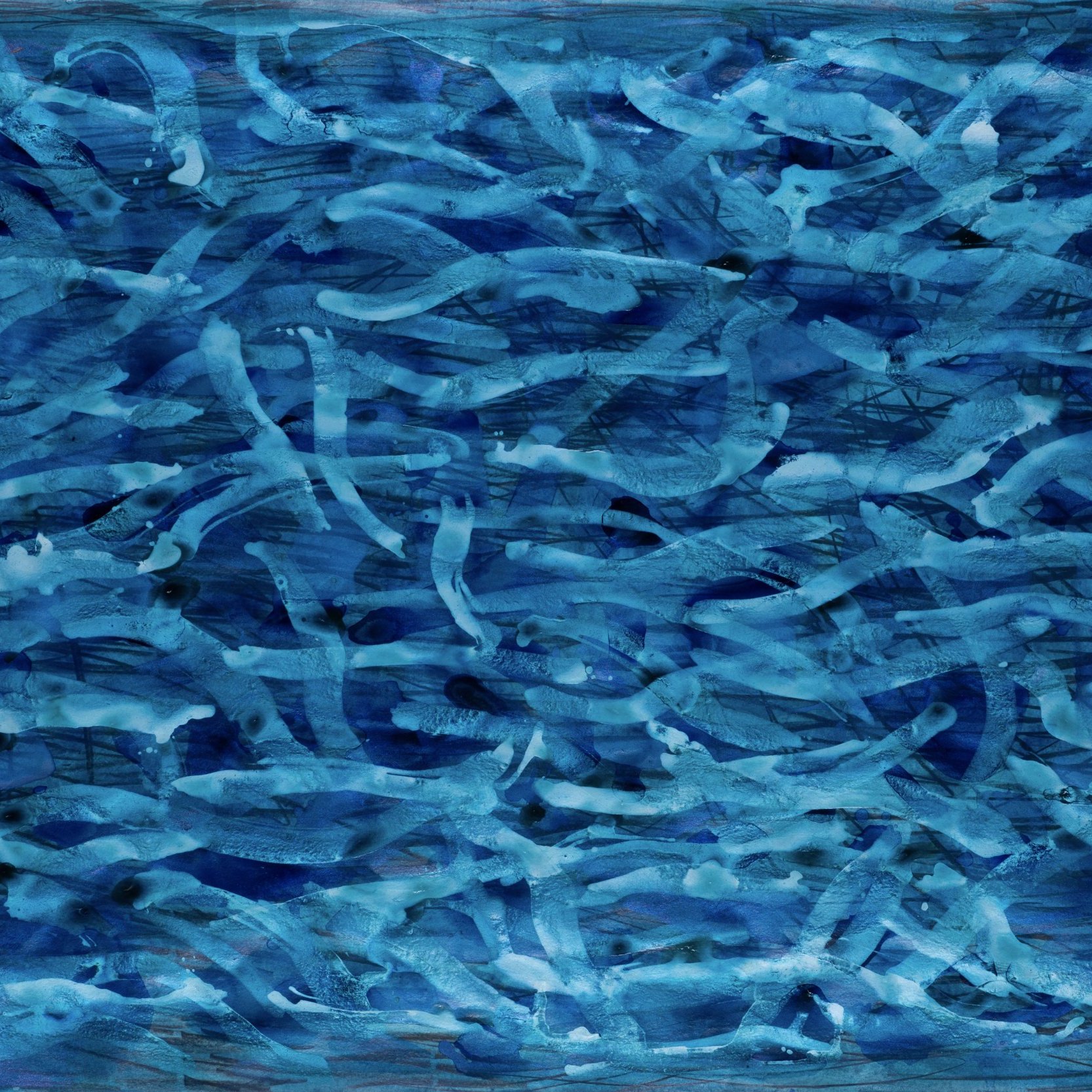 Cette image représente une composition abstraite dominée par des nuances de bleu, allant du clair au foncé. On y trouve des formes fluides et sinueuses qui s'entrelacent, évoquant le mouvement de l'eau ou des vagues. Les coups de pinceau semblent légers et vibrants, créant une sensation de profondeur et de texture. Les lignes se croisent et s'entrelacent, formant un motif dynamique et enchevêtré qui invite à une contemplation attentive et à l'imagination.