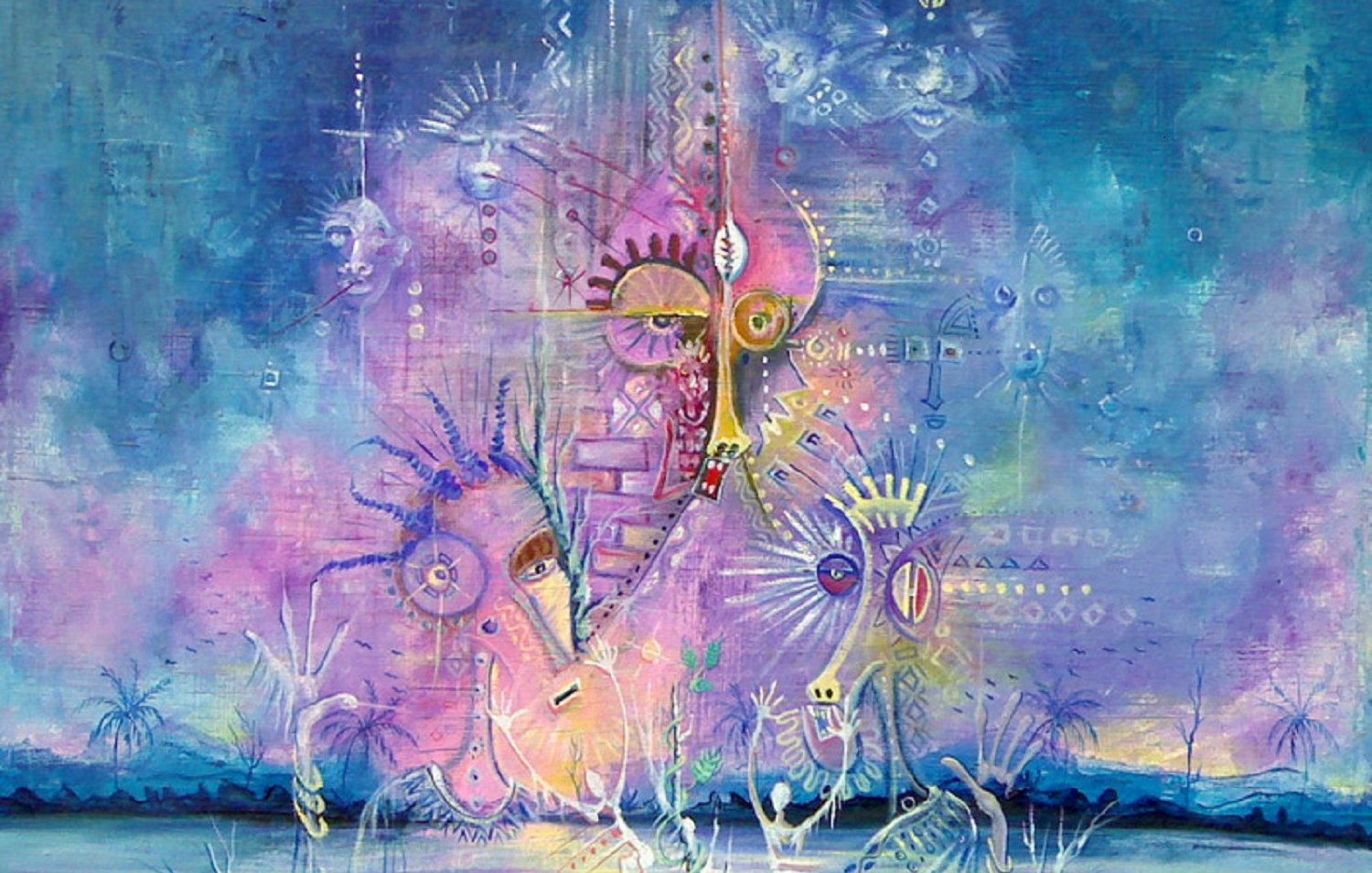 L'image représente une scène abstraite et vibrante, avec un mélange de couleurs pastel qui évoque un paysage onirique. Le fond est un dégradé de bleu et de violet, suggérant un ciel mystique. Au centre, des figures géométriques et des formes humaines stylisées émergent, semblant communiquer entre elles. La texture de la peinture est riche, et des motifs évoquant la nature, comme des racines et des plantes, se distinguent en bas de l'image. La scène dégage une atmosphère de spiritualité et d'harmonie, invitant à la contemplation et à l'interprétation personnelle.