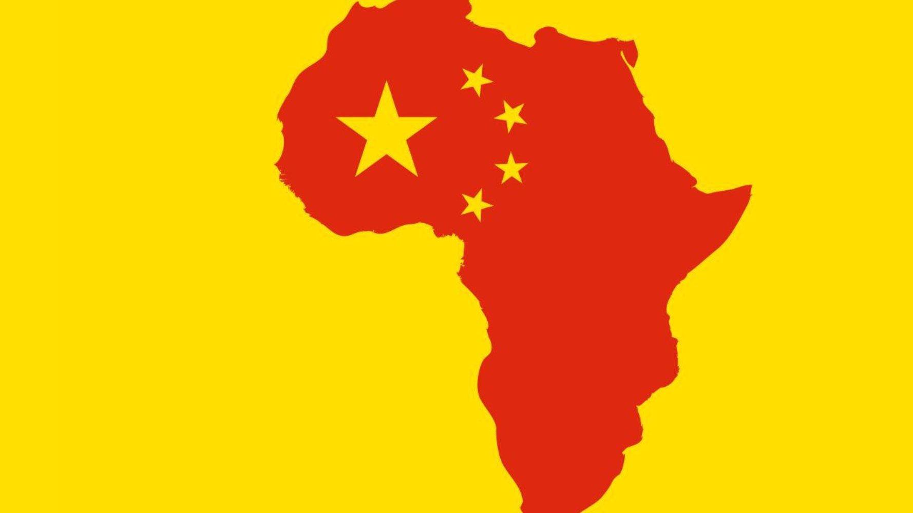 L'image présente une carte de l'Afrique sur un fond jaune éclatant. La carte est remplie d'une teinte rouge vif. Sur cette carte rouge, on distingue un motif représentant le drapeau de la Chine : une grande étoile dorée sur la partie gauche et quatre petites étoiles dorées disposées en arc à sa droite. Cette image symbolise une connexion ou une influence entre la Chine et le continent africain.