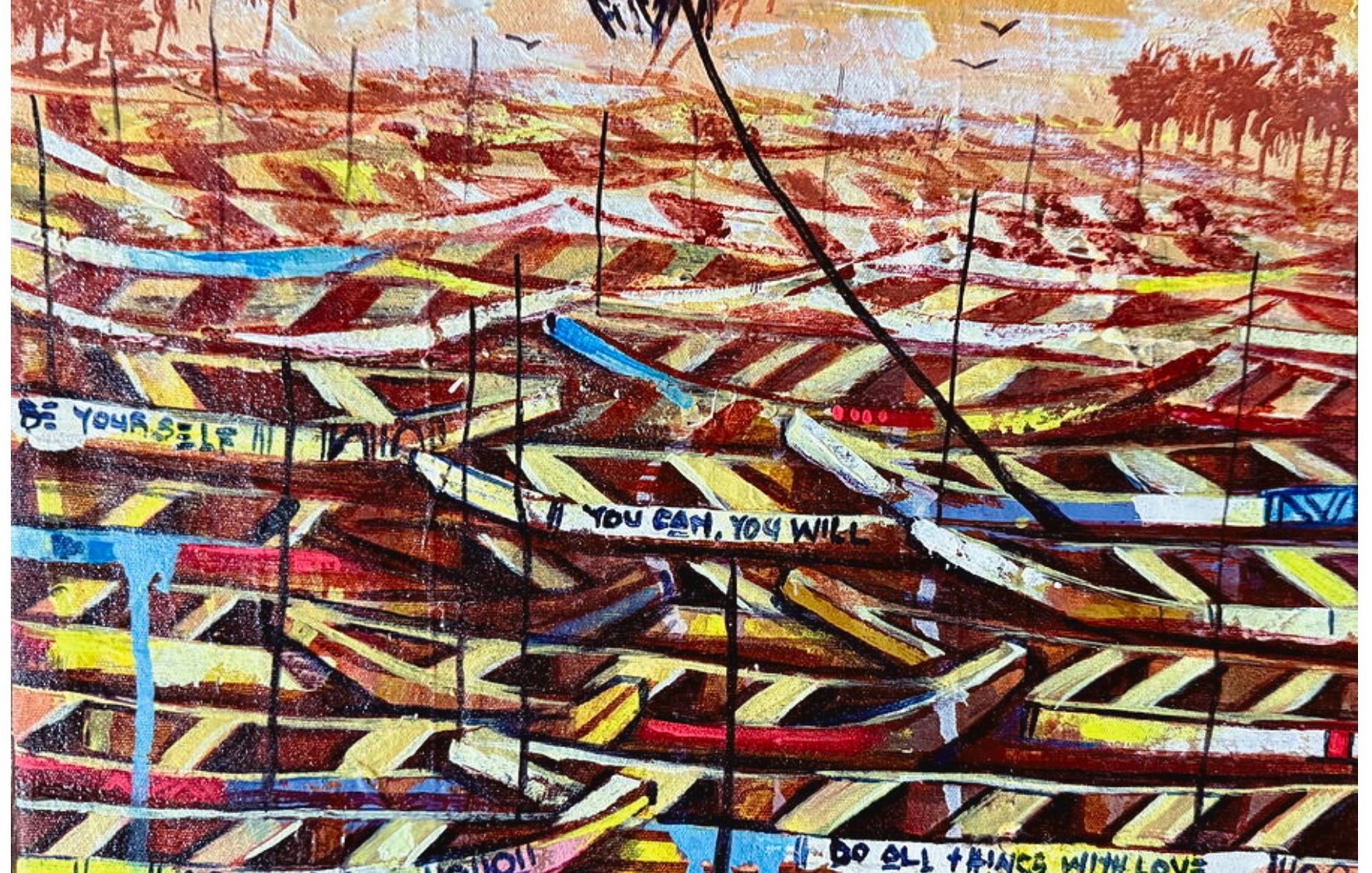 Cette image présente une scène colorée et vibrante de plusieurs bateaux disposés de manière délicate sur l'eau. Les bateaux, peints dans des teintes de rouge, bleu et jaune, sont alignés, créant un motif harmonieux. En arrière-plan, on peut apercevoir des palmiers se balançant sous un ciel teinté de nuances orange et rose, suggérant un coucher de soleil. Des mots inspirants sont inscrits sur les bateaux, tels que « Be yourself » (Sois toi-même), « Dream big » (Rêve grand), et « Do all things with love » (Fais toutes choses avec amour). Cette composition évoque un sentiment d'espoir et d'encouragement, mettant en avant des messages positifs tout en capturant la beauté d'une scène maritime. L'ensemble dégage une atmosphère de tranquillité et d'inspiration.