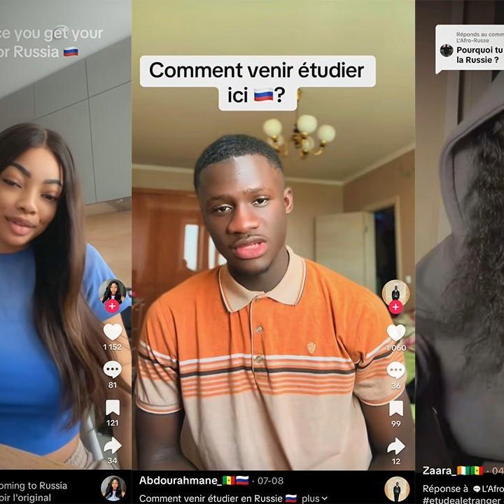 L'image montre trois jeunes adultes, chacun partageant des conseils sur l'étude en Russie. À gauche, une femme souriante avec des cheveux longs et noirs expose des informations, probablement sur la manière de s'adapter à la vie en Russie. Elle a un air amical et engageant. Au centre, un jeune homme, avec une expression sérieuse, semble donner des conseils sur les démarches à suivre, avec une attention particulière à la manière de venir en Russie pour étudier. À droite, une autre femme, avec des cheveux longs et un style élégant, est montrée en train de répondre à des questions sur le choix de la Russie comme destination d'études. Chaque personne est présentée sous un éclairage naturel, et l'atmosphère générale est dynamique et informative, avec des éléments graphiques de réseaux sociaux en bas de l'image.