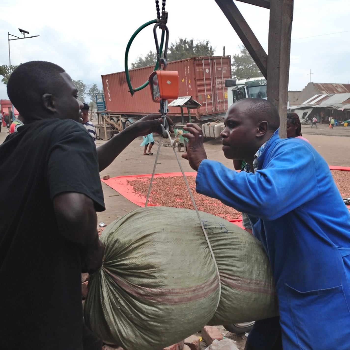 The image depicts a scene where two men are engaged in an activity involving a large sack. One man, wearing a blue coat, appears to be operating a scale or a weighing device to measure the weight of the sack being lifted by another man in a black shirt. The background shows a street with several structures and vehicles, suggesting a marketplace or an industrial area. There are also other people and containers visible in the background, contributing to the bustling atmosphere of the scene.