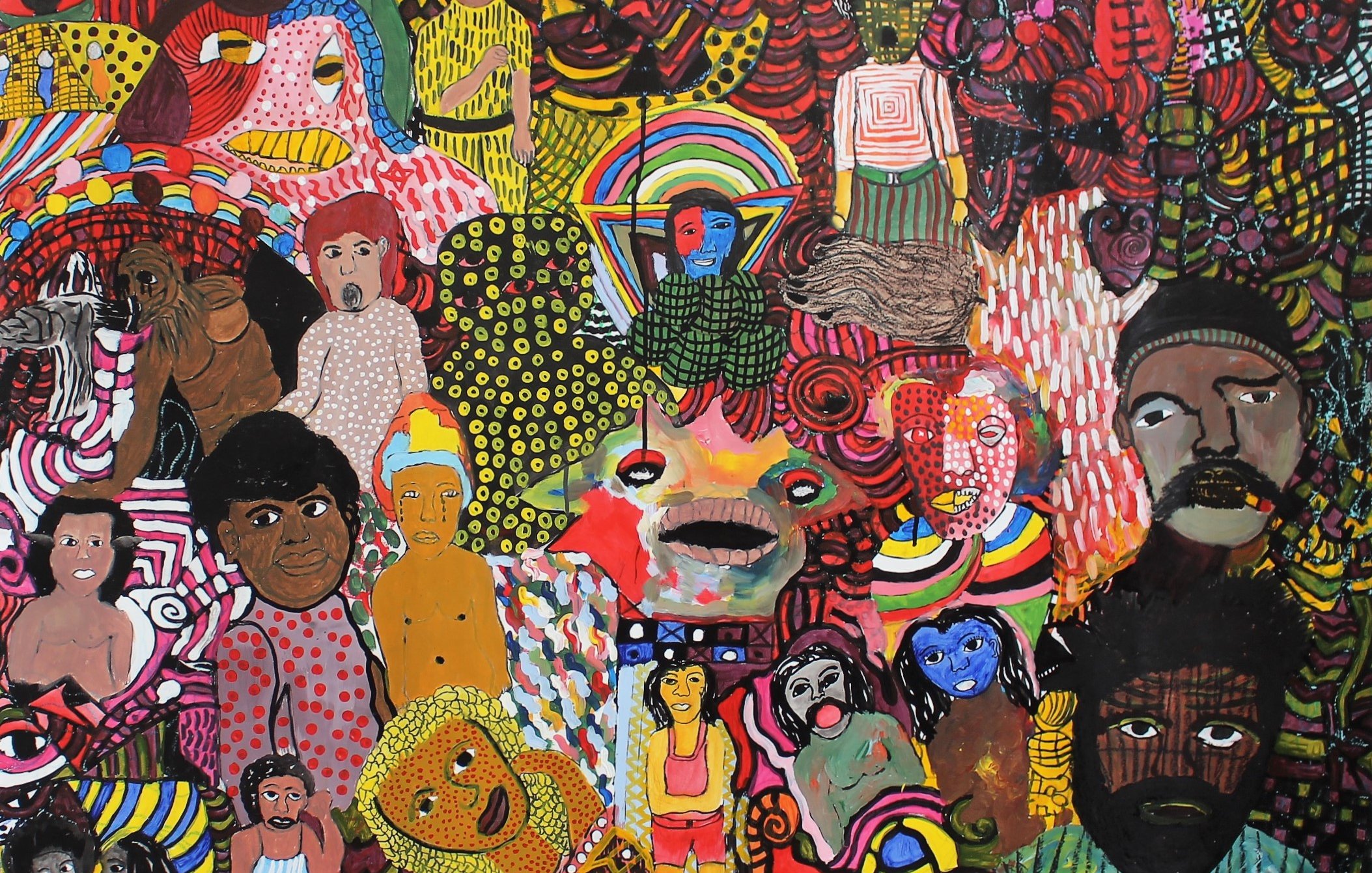 L'image est une composition artistique vibrante, remplie de motifs colorés et de visages divers. On y trouve des figures humaines, représentées de manière stylisée, avec des expressions variées. Les visages sont entourés de formes abstraites et de dessins géométriques, créant une atmosphère dynamique et joyeuse. Les couleurs utilisées sont essentiellement des teintes vives, incluant des rouges, des jaunes, des verts et des bleus, qui se mêlent harmonieusement. Les différents éléments de l'image semblent interagir, formant un ensemble riche et captivant qui évoque à la fois l'énergie et la diversité des émotions humaines.