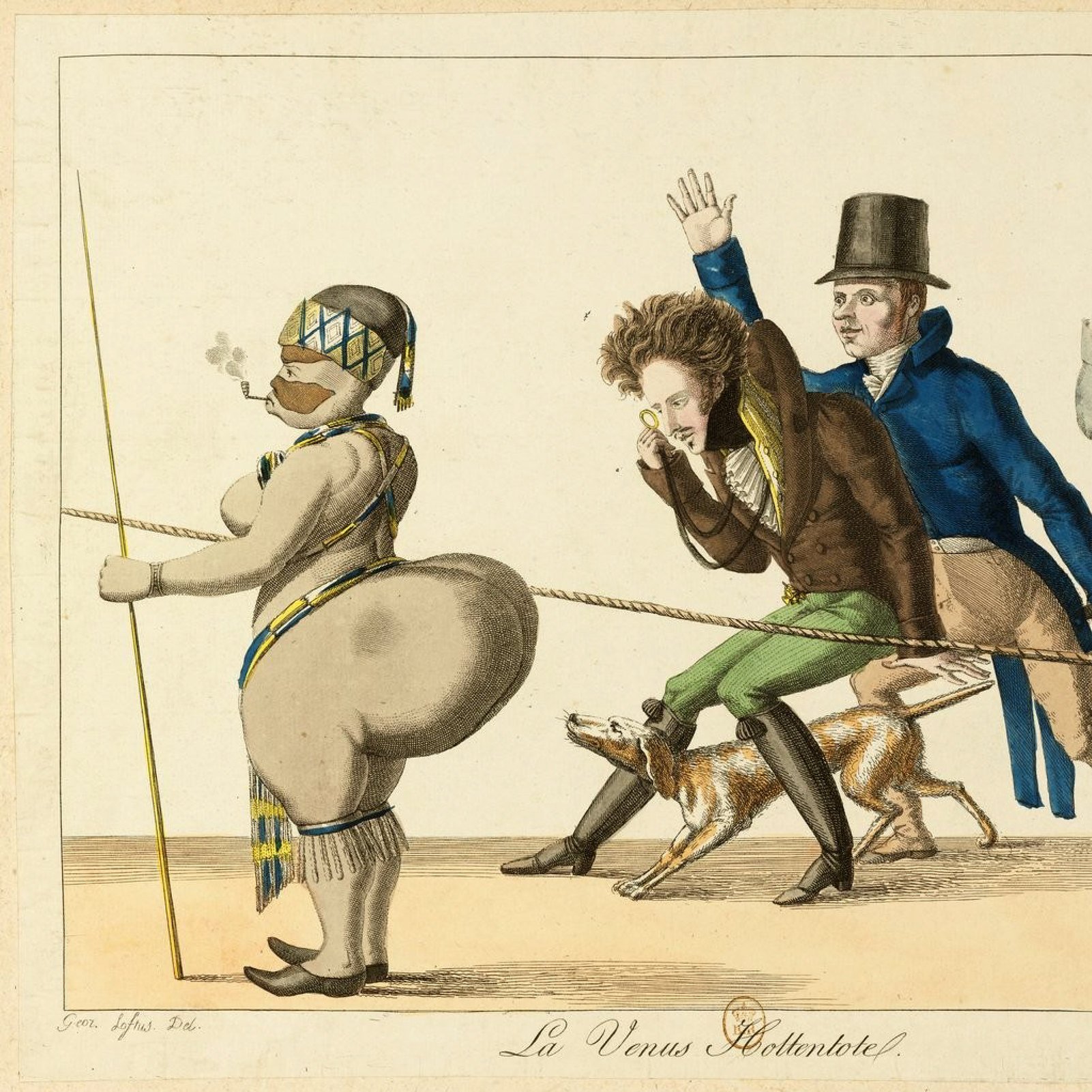 Cette image est une illustration humoristique et satirique du XIXe siècle, représentant un groupe de personnages en procession. À l'avant, une femme aux formes généreuses marche le long d'une corde. Elle est vêtue de manière exotique, avec un bijou dans les cheveux et des décorations sur son corps. À sa suite, trois hommes sont en marche : l'un d'eux, portant un chapeau haut de forme, semble admirer la femme ; un autre, avec une posture plus curieuse et concentrée, se penche en avant ; et le dernier, avec une expression de désapprobation, porte un vêtement élégant et un foulard. Un petit chien les accompagne, ajoutant un côté comique à la scène. L'image utilise des couleurs vives et un style caricatural pour accentuer les traits des personnages et créer une atmosphère ludique.