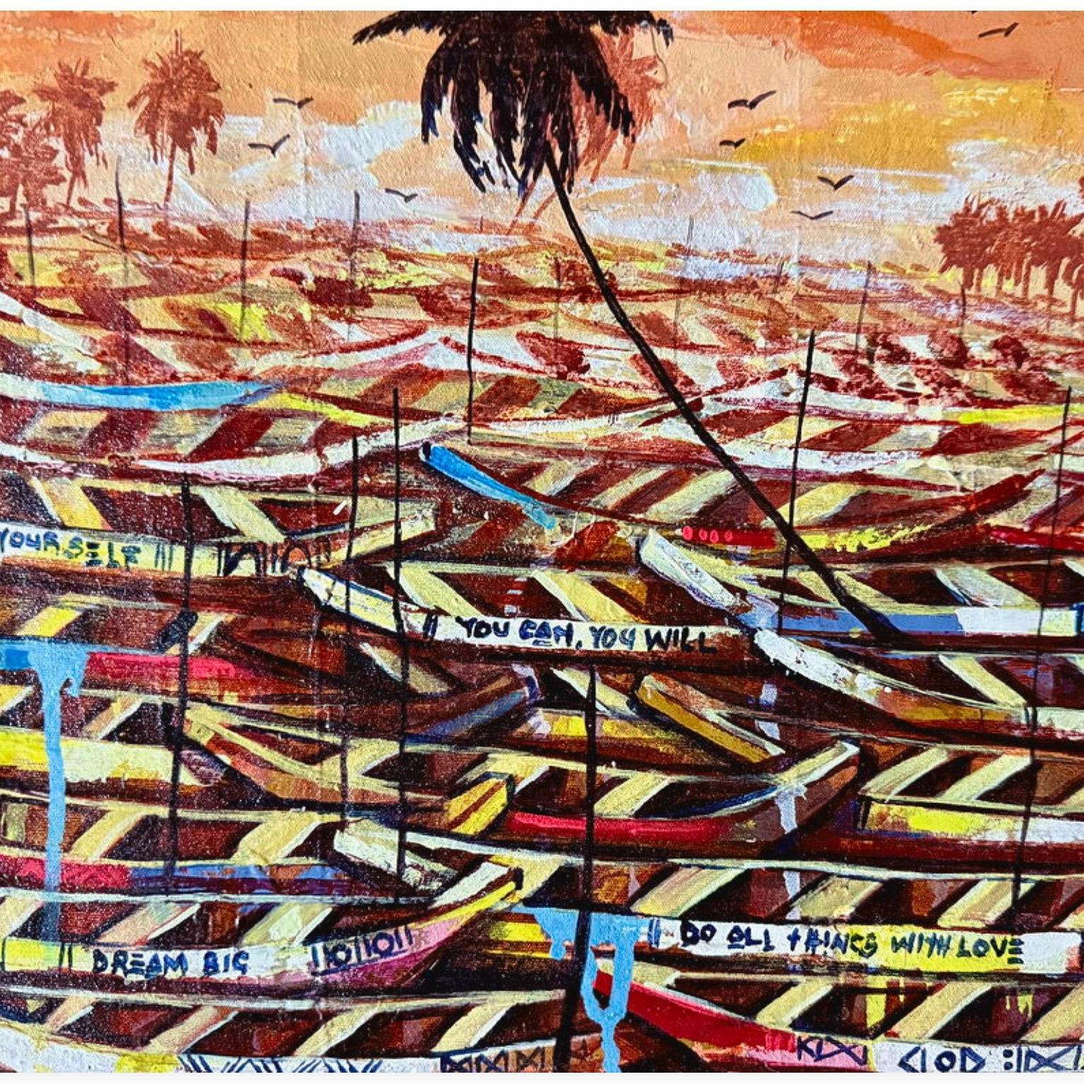 Cette image présente une scène colorée et vibrante de plusieurs bateaux disposés de manière délicate sur l'eau. Les bateaux, peints dans des teintes de rouge, bleu et jaune, sont alignés, créant un motif harmonieux. En arrière-plan, on peut apercevoir des palmiers se balançant sous un ciel teinté de nuances orange et rose, suggérant un coucher de soleil. Des mots inspirants sont inscrits sur les bateaux, tels que « Be yourself » (Sois toi-même), « Dream big » (Rêve grand), et « Do all things with love » (Fais toutes choses avec amour). Cette composition évoque un sentiment d'espoir et d'encouragement, mettant en avant des messages positifs tout en capturant la beauté d'une scène maritime. L'ensemble dégage une atmosphère de tranquillité et d'inspiration.