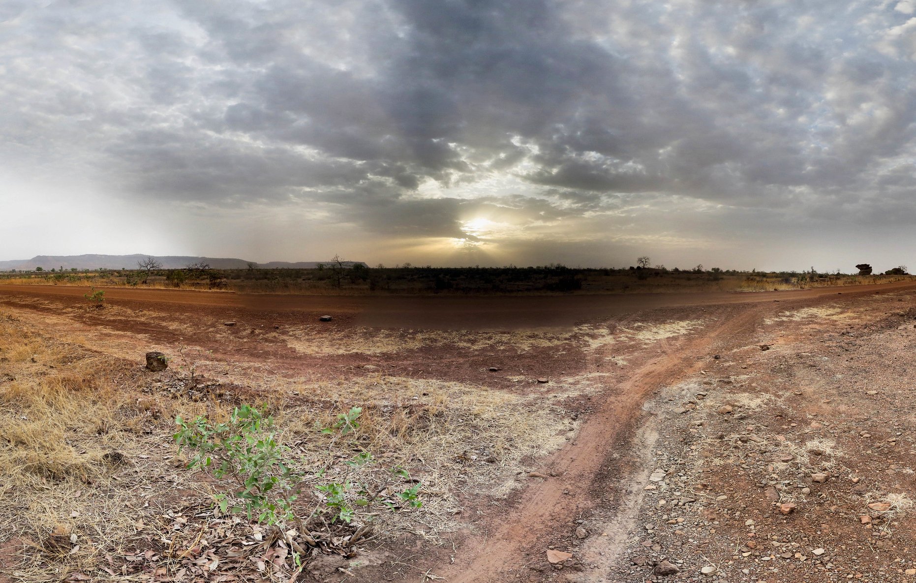 The image features a vast landscape under a cloudy sky, with the sun partially obscured by clouds, casting a soft light across the scene. The ground is dry and dusty, with patches of bare earth and sparse vegetation, including small plants and grasses. In the foreground, a path or trail diverges, leading into the distance, suggesting a sense of exploration in this open, natural environment. The overall tone is tranquil and somewhat desolate, evoking a sense of solitude in nature.