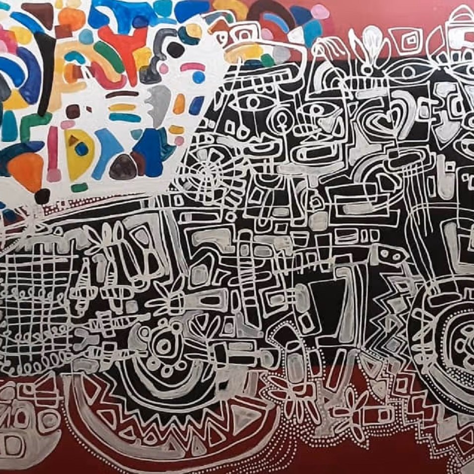 Cette image présente une œuvre d'art abstraite aux formes et motifs complexes. Le fond est d'un rouge profond, sur lequel se détachent des lignes blanches dessiné de manière ludique, créant une multitude de figures géométriques et organiques. Ces lignes forment un enchevêtrement qui pourrait évoquer un paysage urbain ou un ensemble de visages, selon l'imagination de chacun. Dans le coin supérieur gauche, des touches de couleurs vives, comme le bleu, le jaune et le vert, ajoutent une énergie dynamique à la composition. L'œuvre joue avec le contraste entre le noir, le blanc et les couleurs, attirant le regard et invitant à une exploration visuelle des détails. L'ensemble donne une impression de mouvement et de créativité, caractéristique de l'art contemporain.