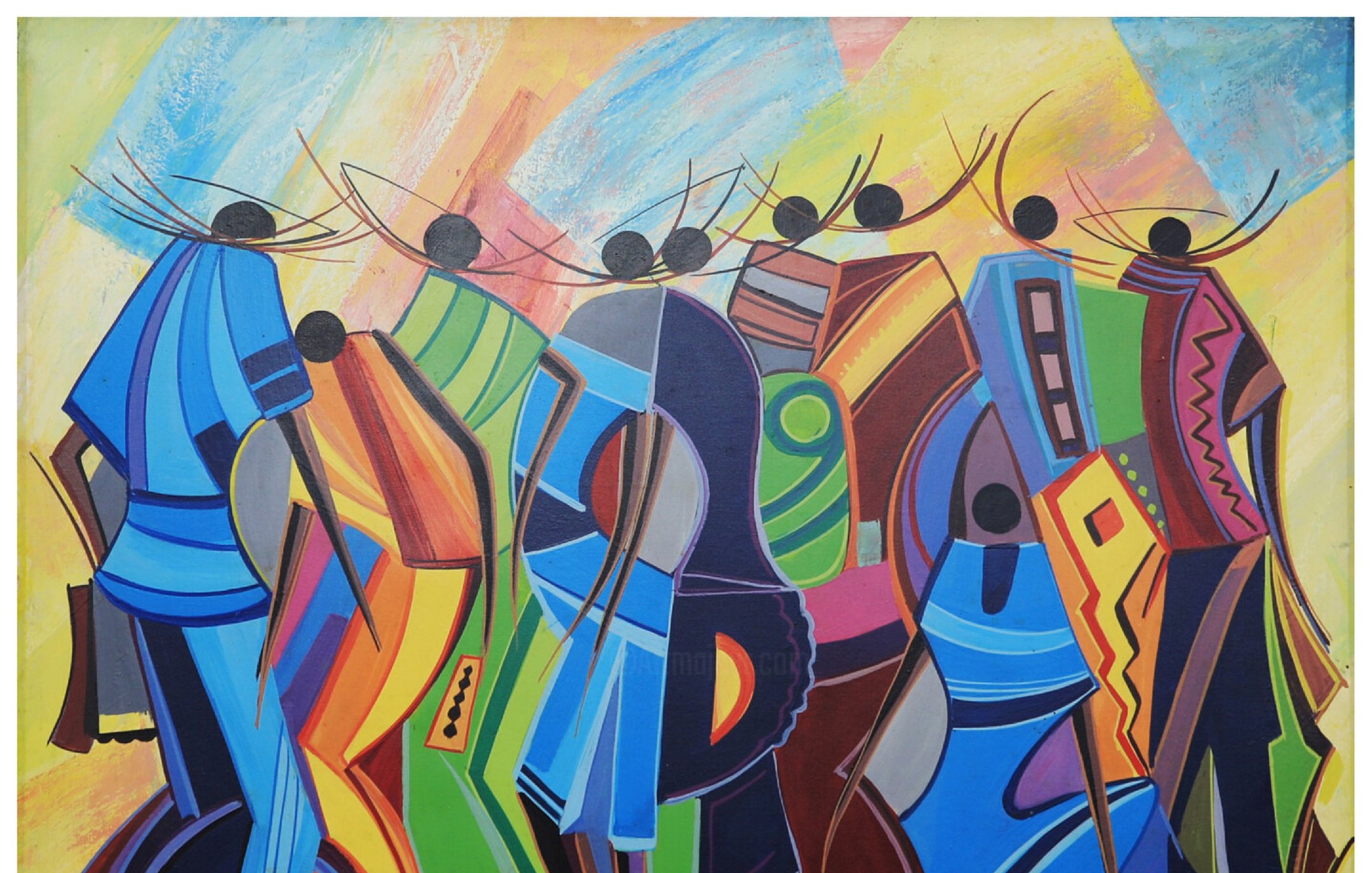 L'image présente une composition colorée et vibrante, typique de l'art abstrait. On y voit plusieurs silhouettes humaines, représentant des personnes en mouvement, probablement en train de marcher ensemble. Les figures sont stylisées, avec des formes géométriques et des lignes fluides, créant une dynamique de groupe. Les couleurs vives, comme le bleu, le rouge, le vert et le jaune, se mélangent harmonieusement, évoquant une atmosphère festive et joyeuse. L'arrière-plan est également coloré, ajoutant à la sensation de mouvement et d'énergie collective. Les personnages semblent engagés dans une interaction vivante, suggérant une fraternité et une célébration partagée.