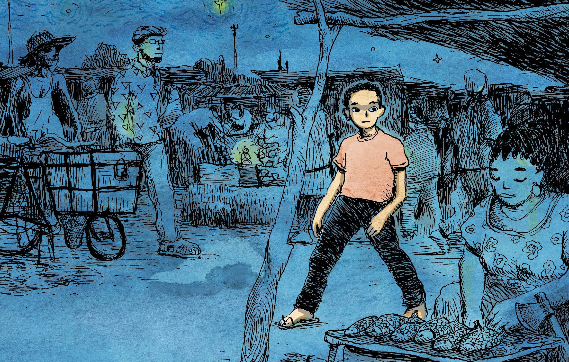 L'image représente une couverture de bande dessinée intitulée "Djarabane : Au petit marché des amours perdues". En arrière-plan, on peut voir un ciel étoilé d'un bleu profond, parsemé de petites étoiles. Au centre, un jeune garçon se tient debout, regardant autour de lui avec une expression de curiosité. Le décor évoque un marché animé, avec des marchandises exposées et des silhouettes de personnes en mouvement, créant une ambiance vivante et vibrante. Le titre est écrit en lettres jaunes et accrocheuses, ajoutant à l'énergie de la scène. L'ensemble présente un mélange de mystère et de nostalgie, invitant le lecteur à plonger dans une histoire touchante.