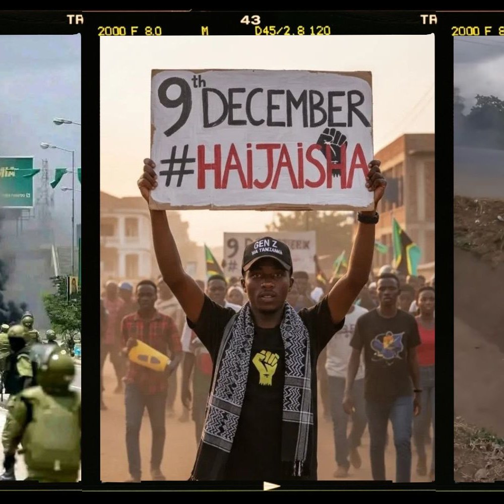 Cette image est divisée en trois parties distinctes. Dans la première partie, on voit une scène de chaos avec de la fumée noire s'élevant, suggérant une manifestation ou des troubles civils. Des personnes sont visibles, probablement en train de s'éloigner ou de s'affronter avec les forces de l'ordre, créant une atmosphère de tension. La deuxième partie montre un homme levant un grand panneau sur lequel est écrit "9th December #Haitajisha". Il semble être au centre d'une manifestation, affichant un message de protestation ou d'appel à l'action. Il porte un t-shirt noir et une écharpe, s'affirmant visiblement dans son engagement. Dans la troisième partie, un autre homme est aperçu en train de manipuler un panneau de campagne. Ce panneau semble représenter un candidat ou un supporter politique, et l'environnement évoque un espace urbain. L'ensemble de l'image donne un aperçu des dynamiques sociales et politiques actuelles, mêlant des éléments d'activisme et d'engagement communautaire.